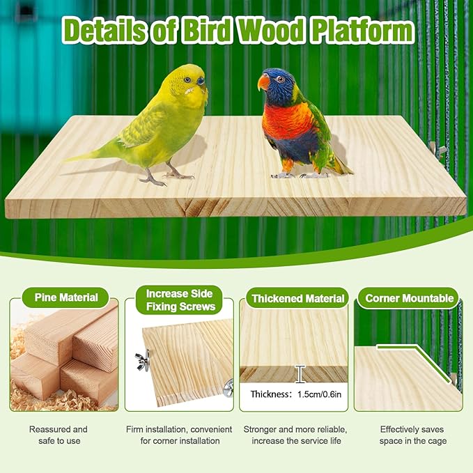 Arfubye 2PCS 13.8x7.9 inches Large Bird Perch Stand Wooden Parakeet Stand Platform Parrot Cage Accessories Rectangle Corner Stand Perch Shelf for Budgie Cockatiel Conure Macaw African Grey Chinchilla