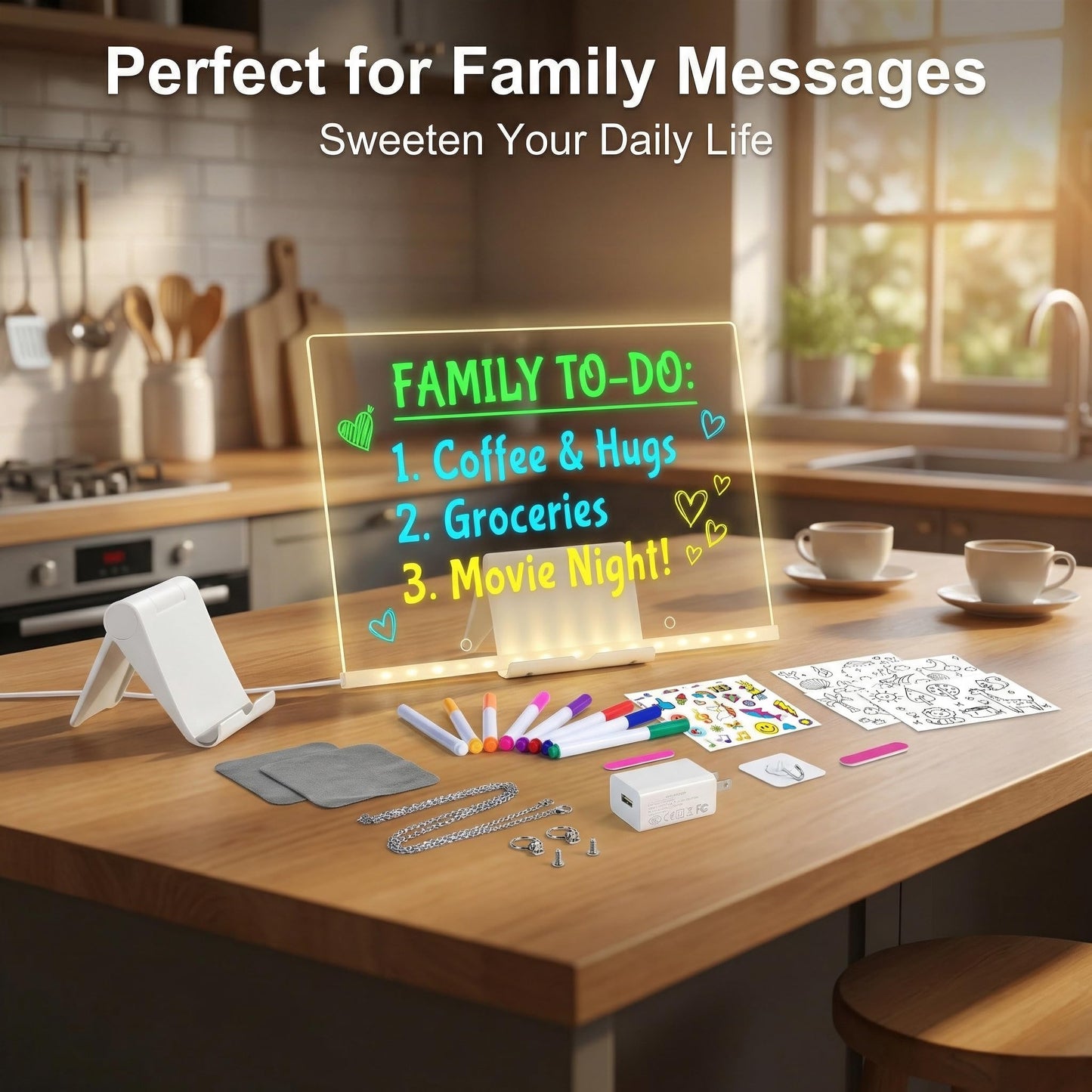 LED Drawing Board, 14'' Acrylic Note Board with Colors, Include LED Light Up Writing Pad 4 Modes & 7 Colors, 8 Markers, Stand, Hanging Chain, 2 Gel Clings, Holiday Gift
