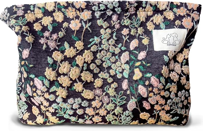 HAPPYHEIDI Women Aesthetic Travel Makeup Bag Accessory Zipper Pouch for Cosmetics, Purse Organizer, Embroidery Lucky Flowers Black
