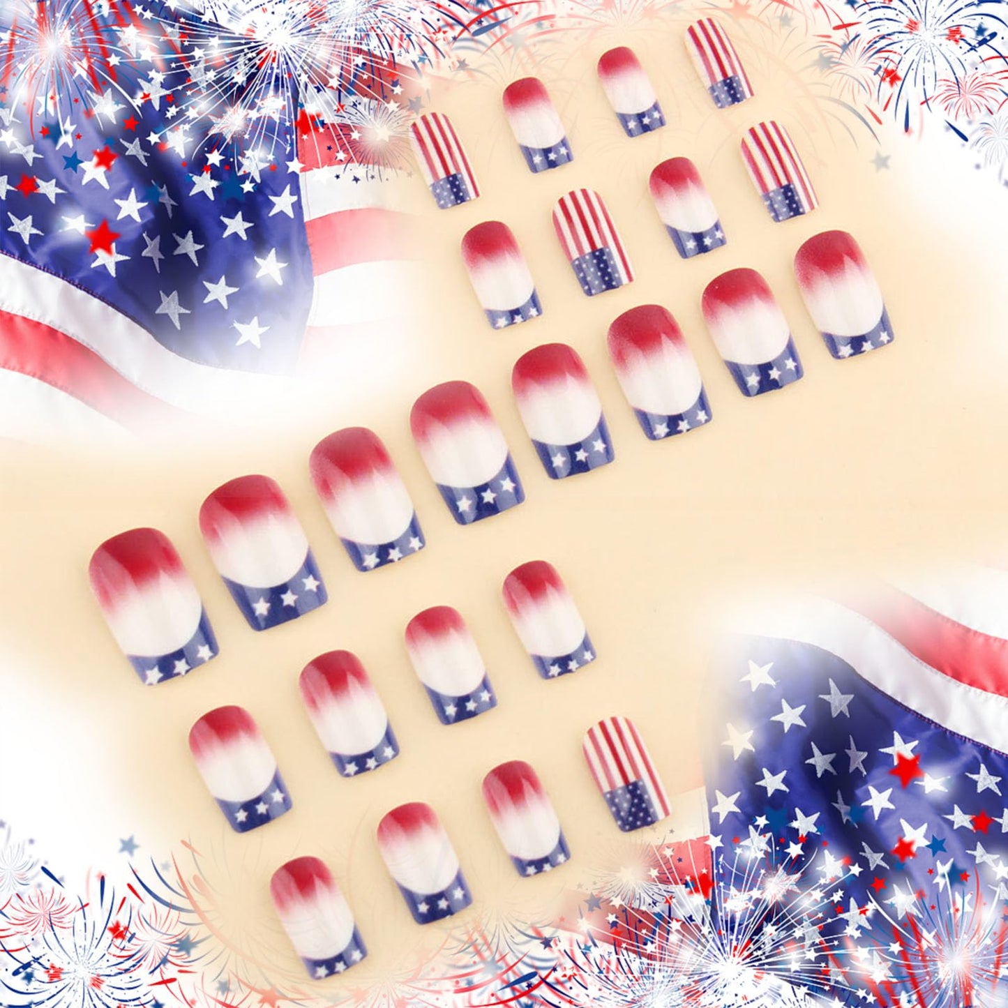 4th of July Press on Nails Glossy Blue French Tips Glue on Artificial Fingernails American Flag Fake Nails 24 Pcs Independence Day Acrylic False Nail HZJXRT Medium Square Stick on Nail for Women Gift