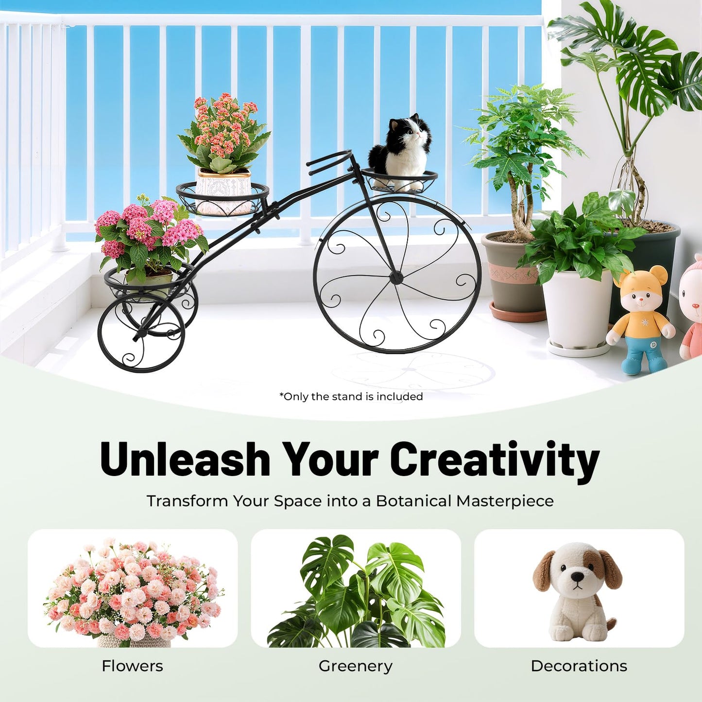 DKSLALALI Bicycle Plant Stand, 3 Tier Iron Tricycle Flower Pot Holder with 3 Baskets, Rustproof Black Metal Plant Shelf for Indoor Outdoor Garden Patio, Decorative Plant Cart for Home Lawn