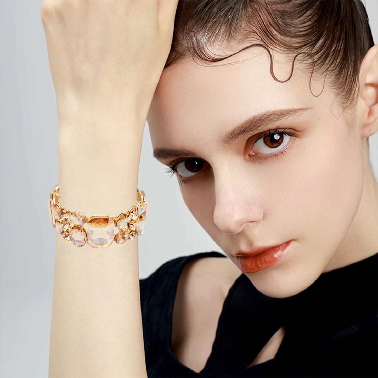 CSY Women's Statement Stretch Wide Bangle Bracelets Austrian Crystal Art Deco Elastic Bracelet for Party Prom (champagne gold)