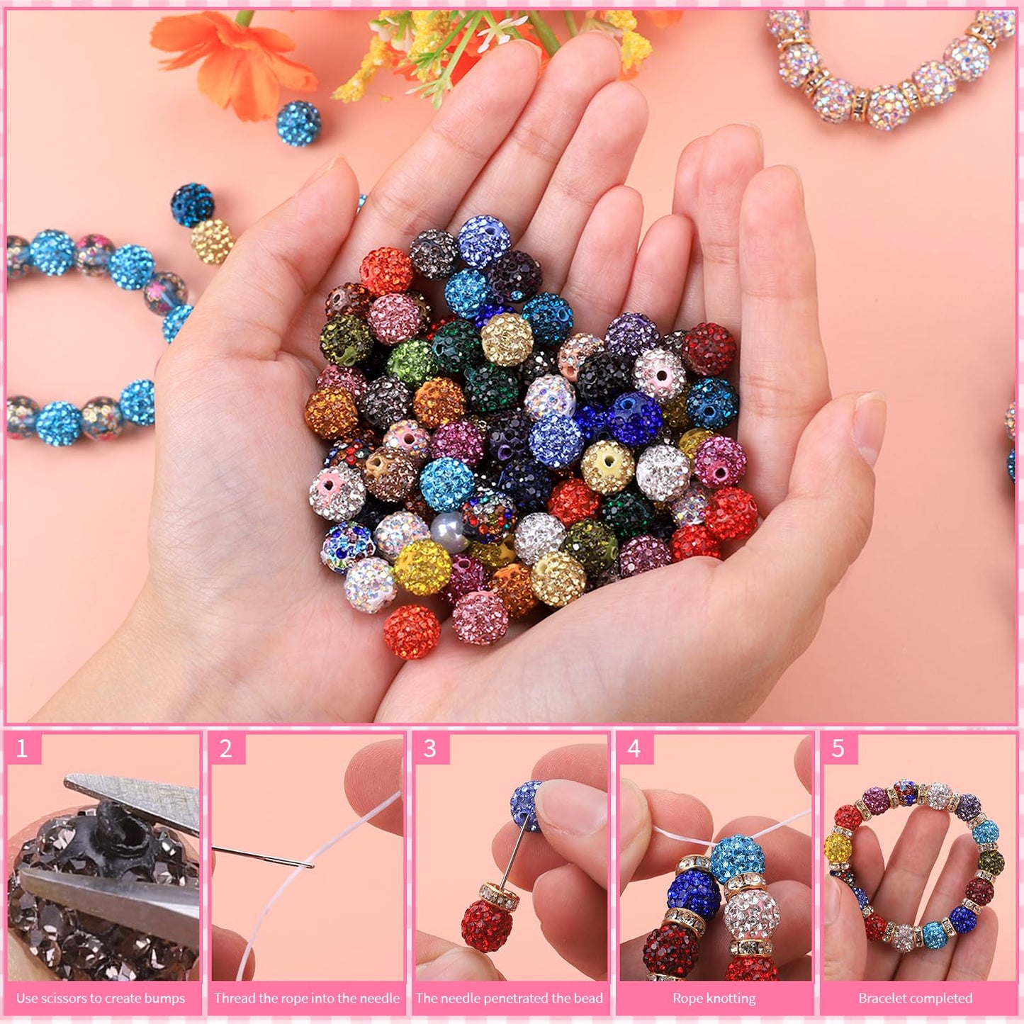 AIPRIDY Jewelry Making Beads Set, 590 PCS 10mm Round Mixed Color Rhinestone Clay Beads with Pearl and Floral Beads for DIY Bracelets, Necklaces(Fixed Mixed)