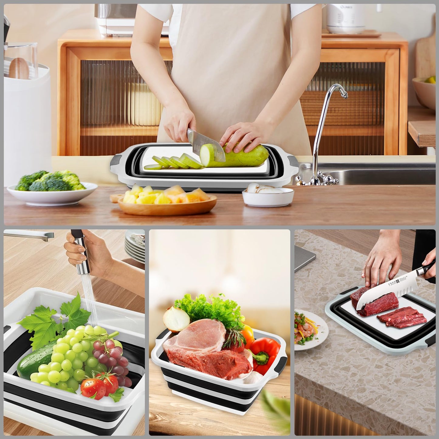 BBQ Prep Tub with Lid and Cutting Board, Collapsible Barbecue Tool Set for Marinating, Meal Prep, Food Storage, Grilling, Camping and Outdoor Cooking, Dishwasher Safe, Black XX-Large