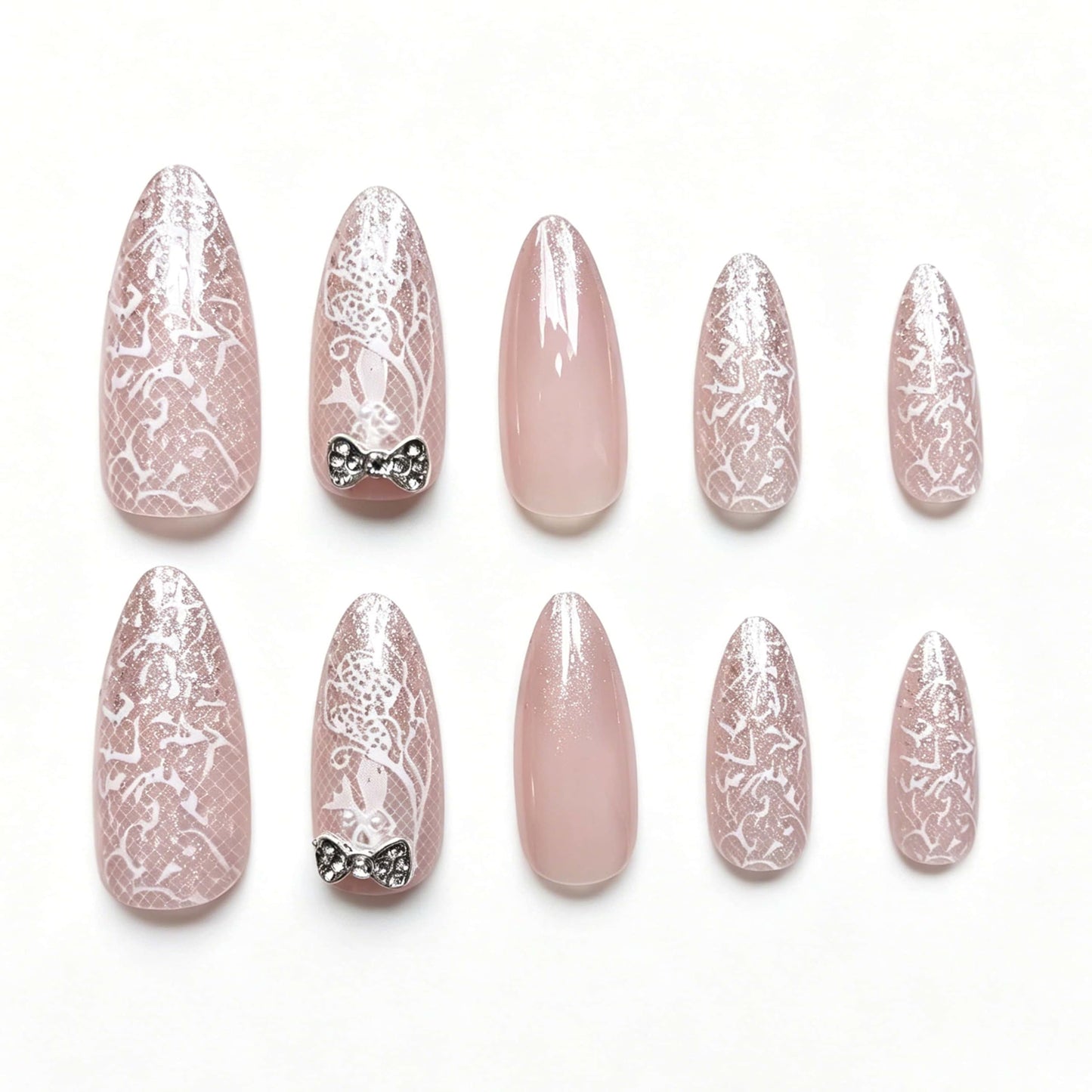 Almond Press on Nails Medium White Fake Nails Lace Print Designs with 3D Rhinestones Bowknot Glue On Nails Cute Acrylic Press on Tips Full Cover Stick on Nail Reusable Manicure for Women 24 Pcs