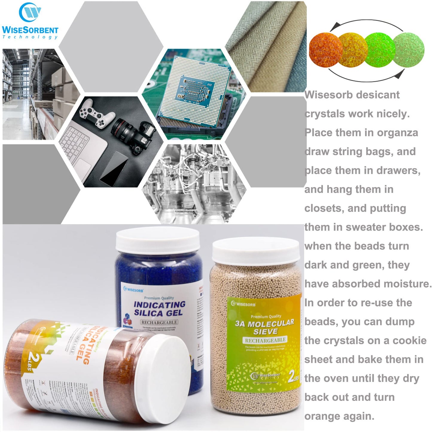 Wisesorb 2lbs Premium Orange Silica Gel Desiccant Beads(Industry Standard 2-4 mm) - Rechargeable & Indicating Silica Gel Beads