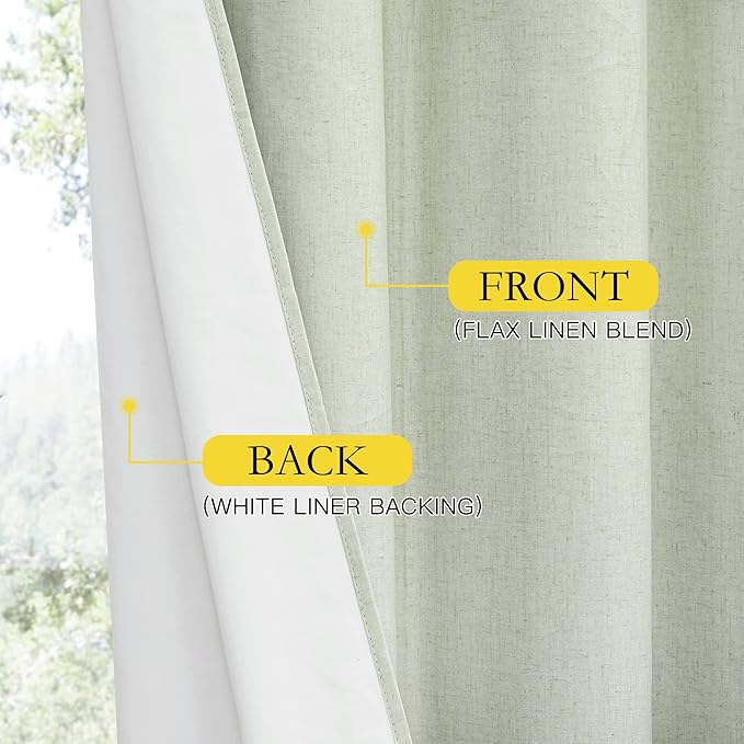 NICETOWN 100% Absolutely Blackout Linen Curtains with Thermal Insulated White Liner, Sage Green, W52, 2 Pieces, Noise Reducing Textured Linen Look Curtains for Windows 92 inch Length for Classroom