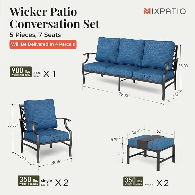 Patio Furniture Set 5 pcs, Outdoor Patio Furniture, 3-Seat Sofa, 2 Single Chairs, 2 Ottomans and 5.75" Extra Thick Cushion, Conversation Set for Backyard Deck,Gemstone Blue