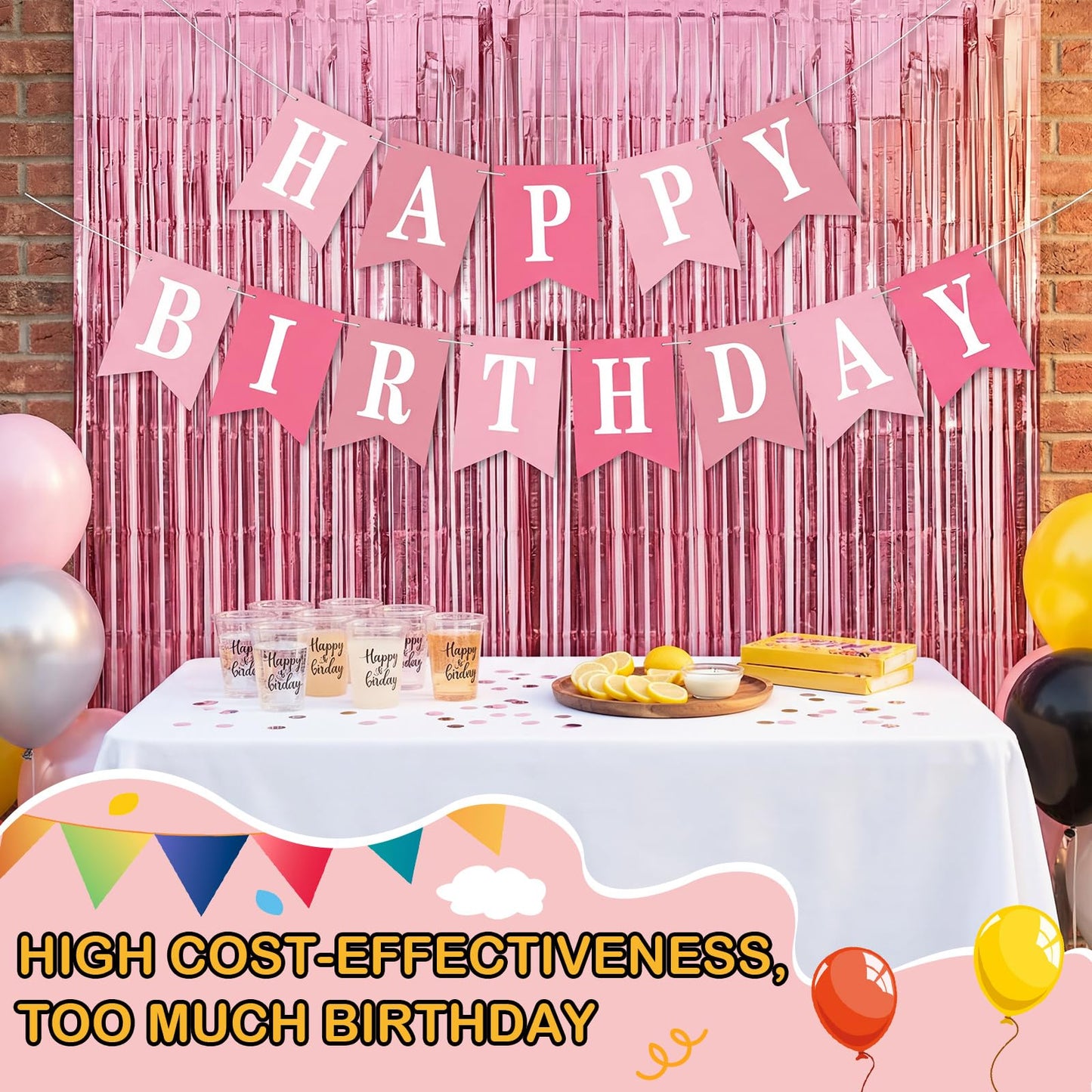 Mooliwe 173 Pcs DIY Custom Banner Kit Make Your Own Custom Letter Banner Sign for Birthday Wedding Decor Include 20 Paper Pennant 148 Letters Numbers with Fringe Curtain Rope Threading Device (Pink)