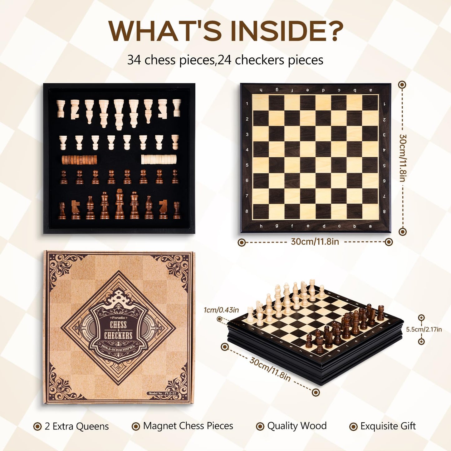 Peradix Magnetic Chess Set 12 Inch Classic 2 in 1 with Chess Pieces, Wood Board Box with Storage, 2 Extra Queens, Wooden Chess Board Games for Kids and Adults, Family Educational Gift Sets