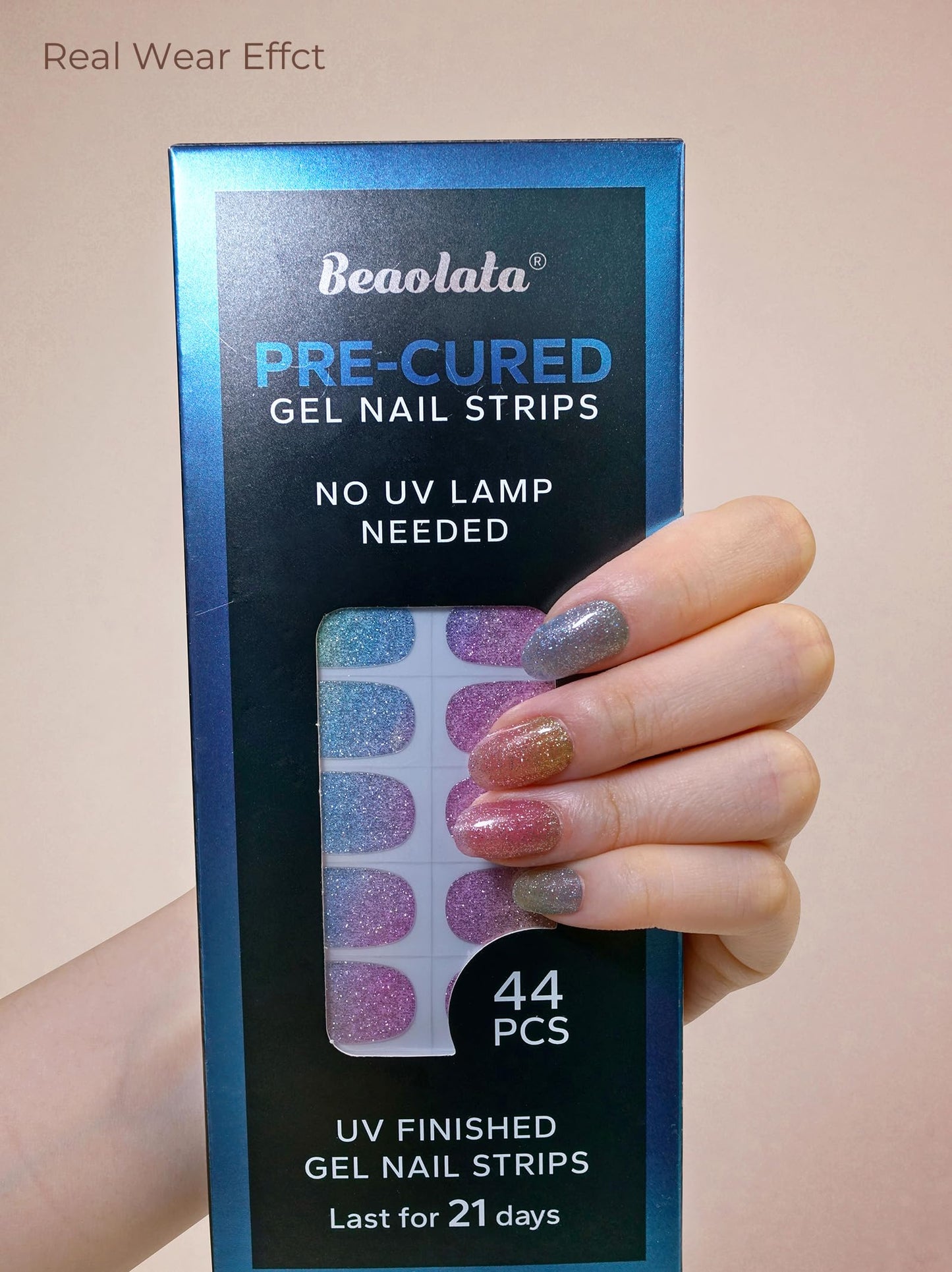 Beaolata Real Gel Nail Strips (No UV Light Needed) - 44Pcs Salon Quality Nail Stickers - Long Lasting Polish Wraps for Women, Easy Apply & Remove (Unicorn Magic Green)