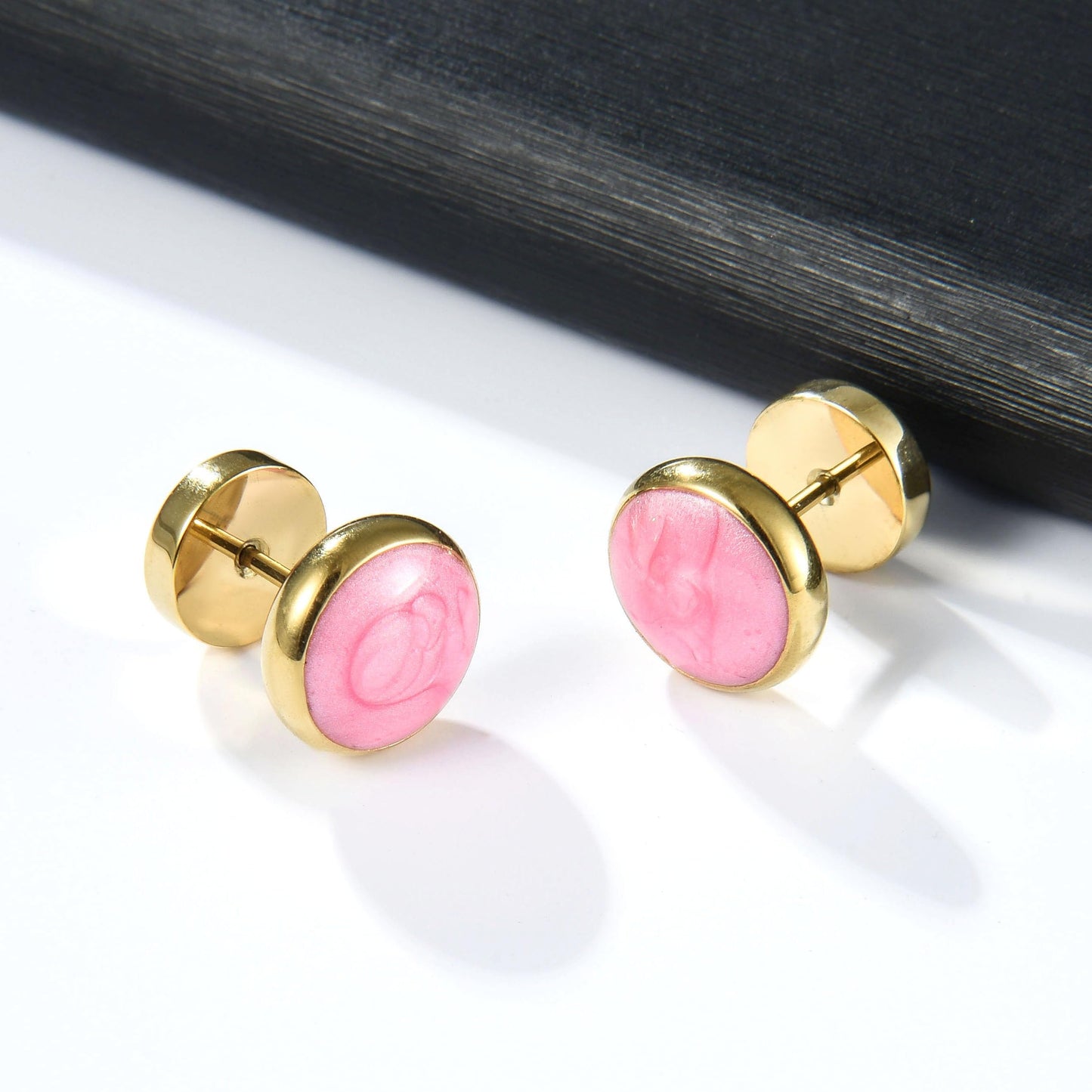 Screw Flat Back Stud Earrings Titanium Pink Surgical Stainless Steel Barbell Earrings for Women Men 18K Gold Plated Hypoallergenic for Ssentive Ears Punk Dot Ear Studs