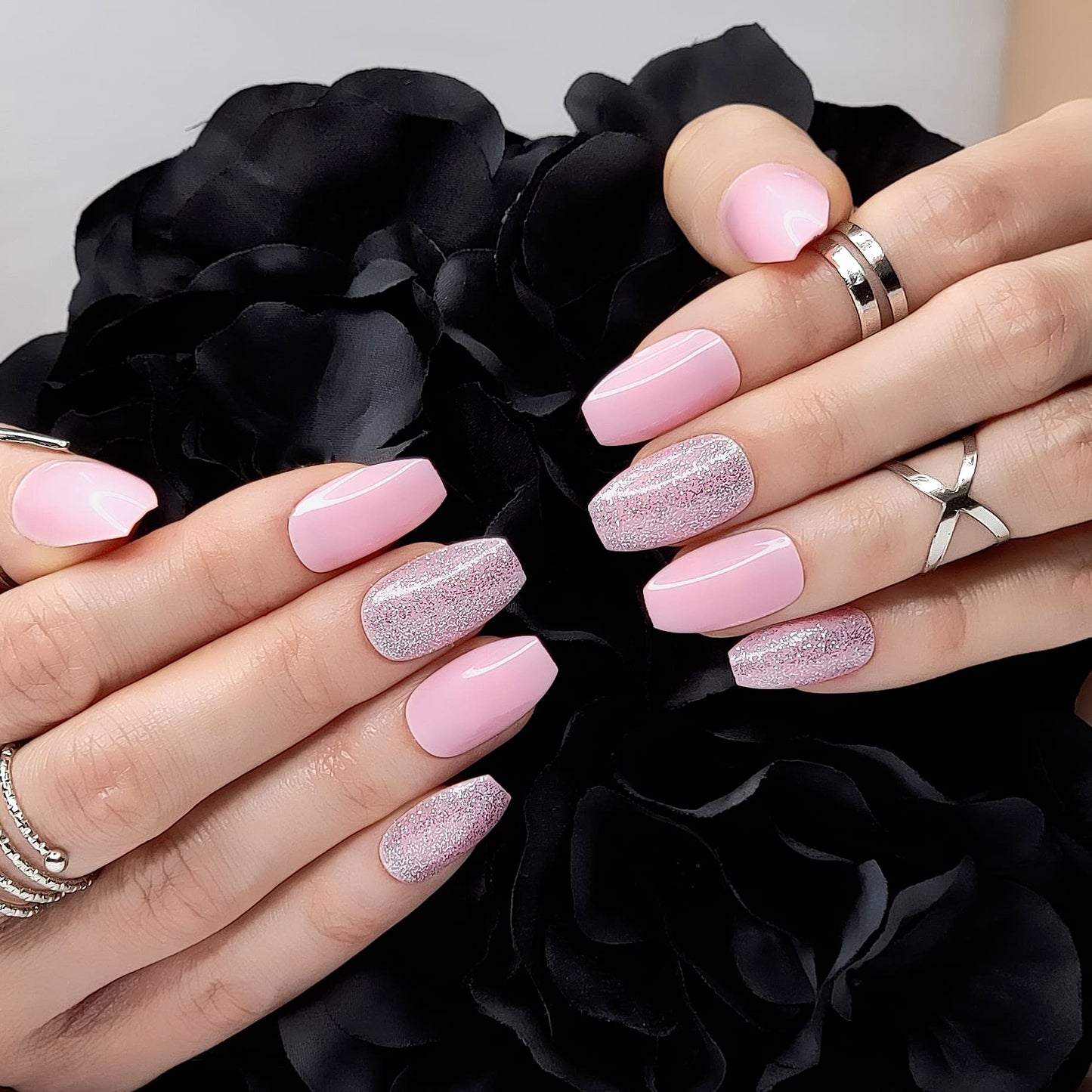 Hypnaughty 24 Pcs Pink Ballerina Press On Nails with Glue Medium Short Length Fake Nails with Glitter Design Glossy Acrylic Press On Nails Full Cover (Pink)