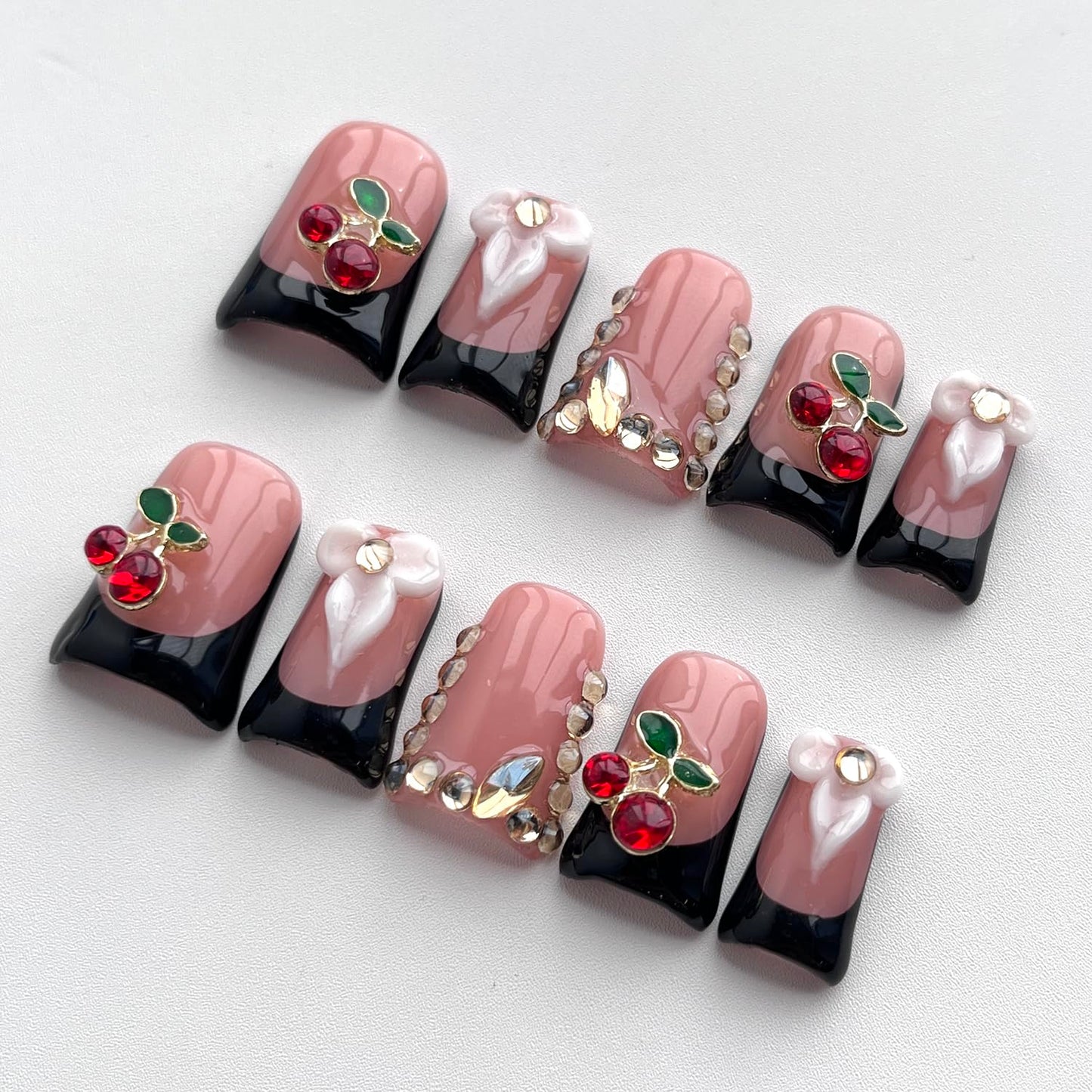 Black French Tip Press on Nails Short Duck Handmade Acrylic Nails 3D Floral Thick Fake Nails with Rhinestones Flower Cherry Designs Elegant Sturdy Art False Press on Nail 10Pcs(S)