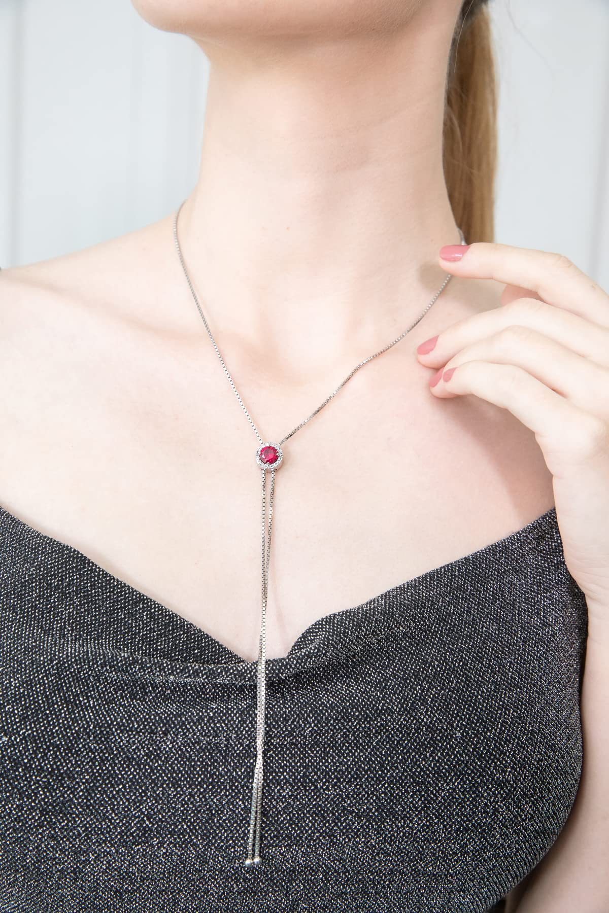 GemStar USA Sterling Silver Synthetic Ruby and White Topaz Round Halo Drop Adjustable Lariat Necklace