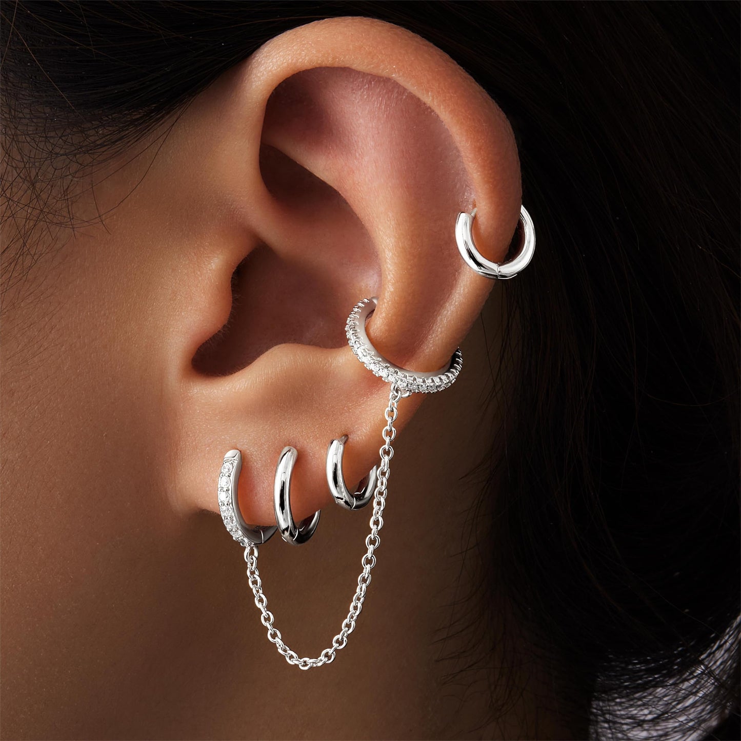 Silver Chain Hoop Cuff Earrings for Women, Double Piercing Chain Huggie Small Stack Cartilage Hoop Earring Sets for Multiple Piercing, Conch Helix Rook Tragus Daith Clip On Jewelry Set Gifts
