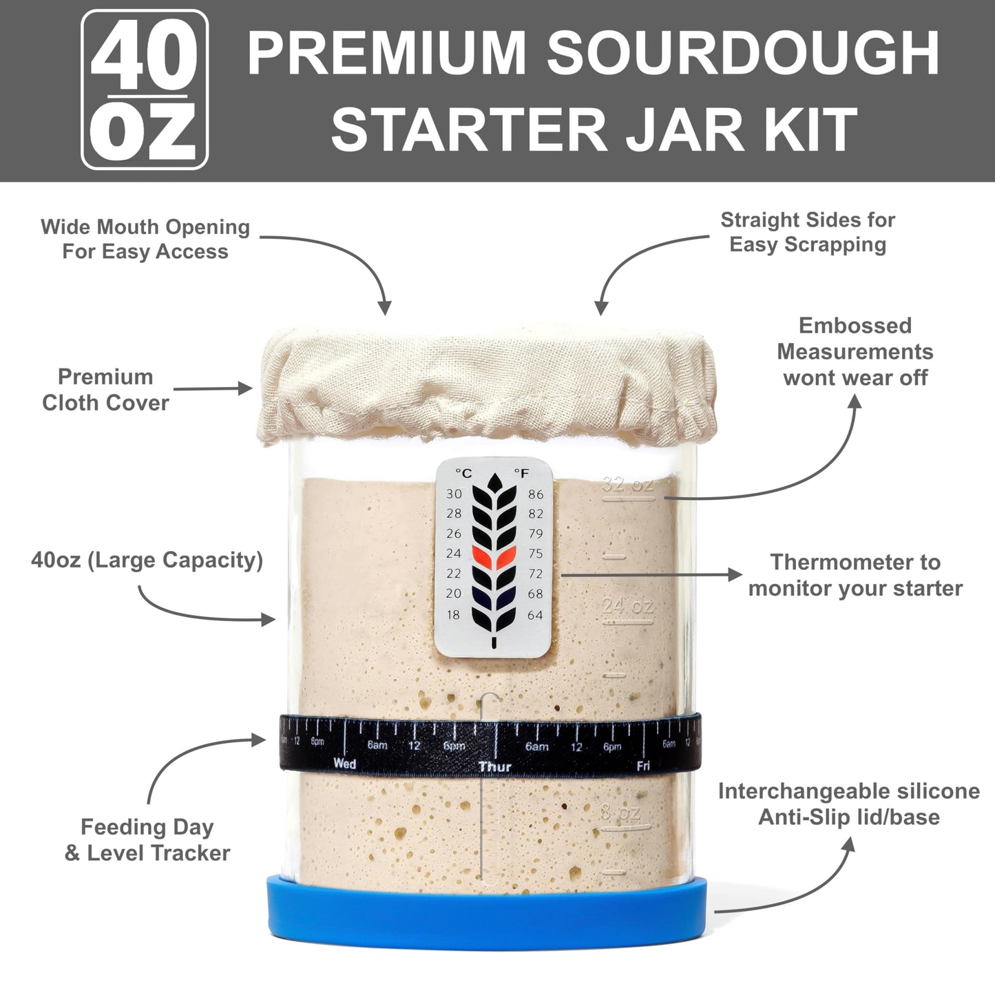 Premium Sourdough Starter Jar - 40oz Large Sourdough Jar with Marked Feeding Band, Thermometer, Scraper, Cloth Cover and Silicone Lid/Base, Wide Mouth Starter Kit - Blue