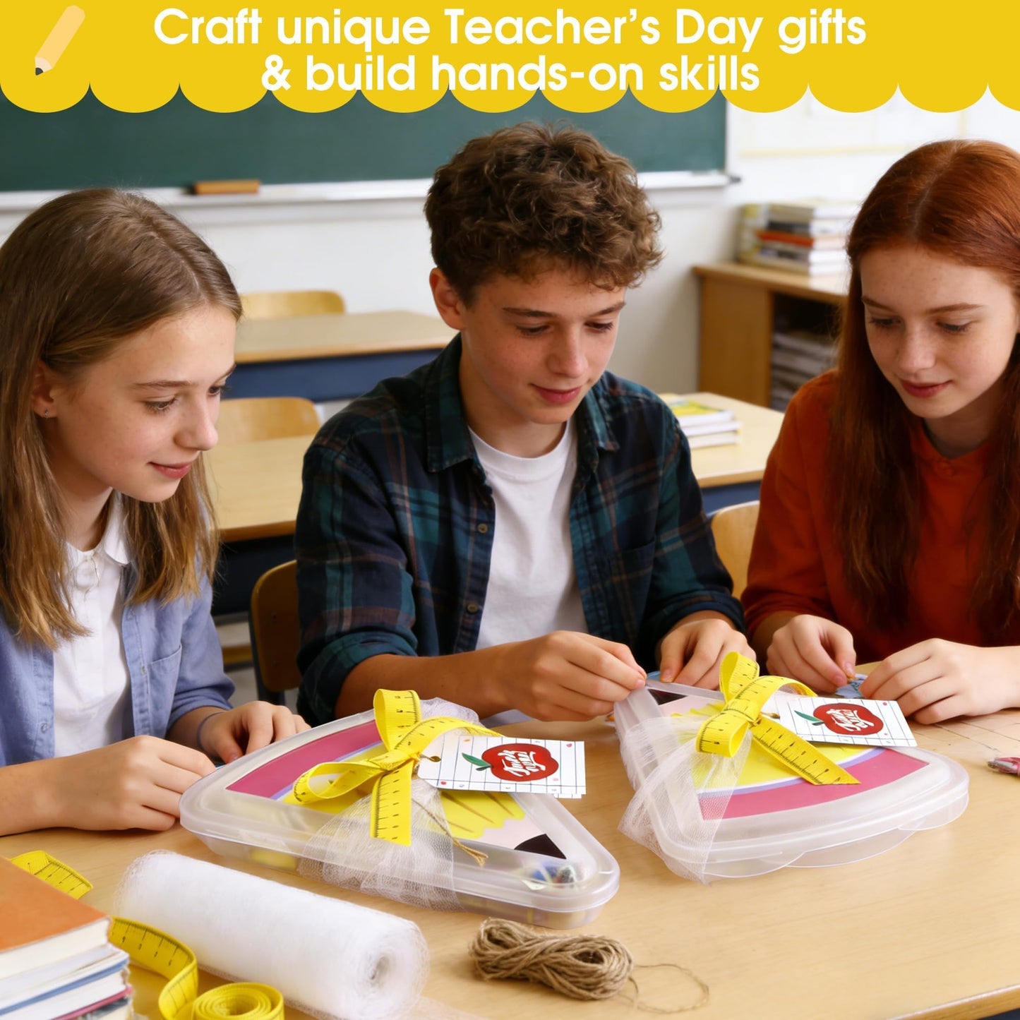 6 Set 9.05*7.28 in Large Teacher Appreciation Gifts Box with Apple Cards Ruler Ribbon Mesh, Reusable Pizza Storage Containers with Lids, Pencil Shaped Gift Box for Wrapping Teacher Appreciation