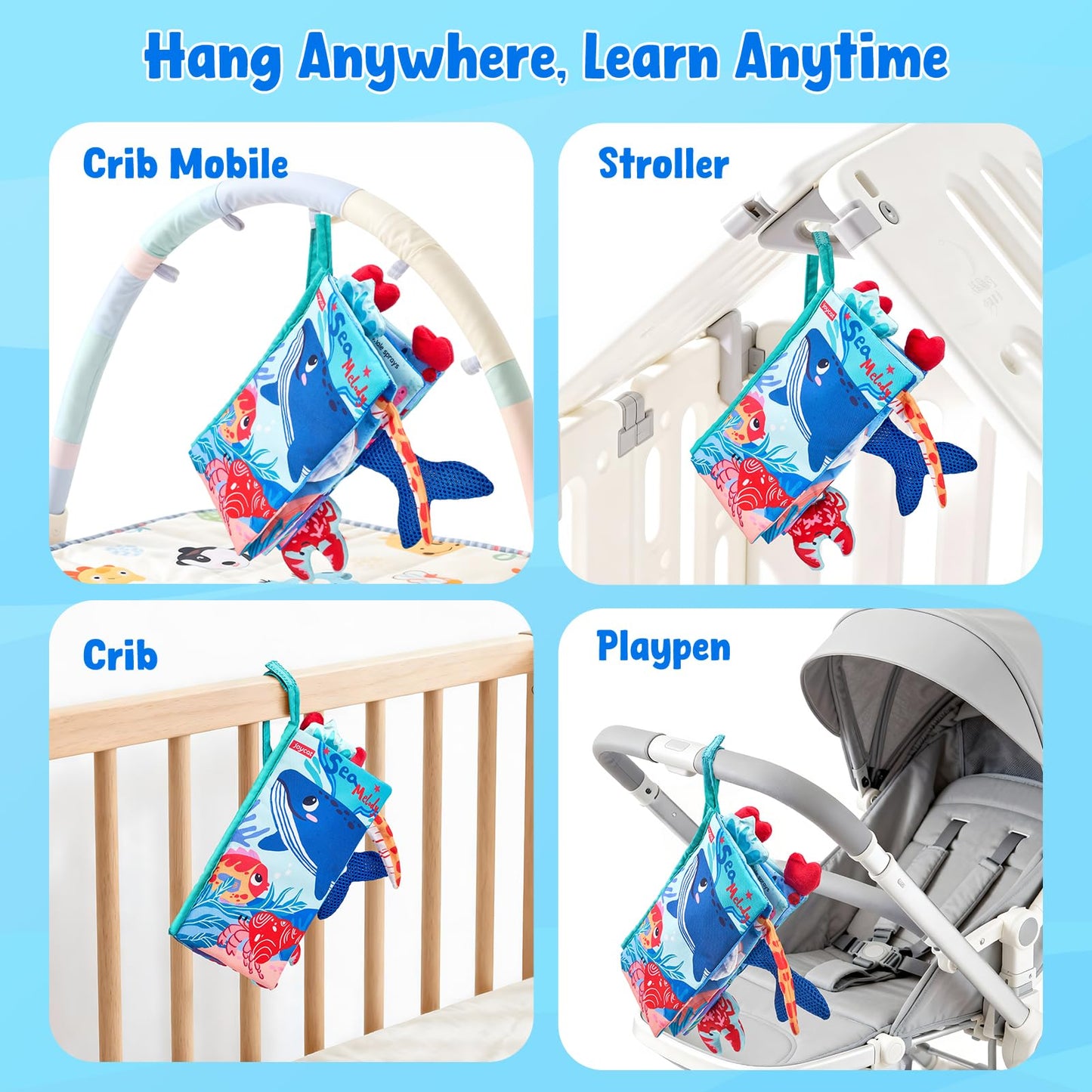 JoyCat Baby Books 0-6-12 Months - Ocean Tummy Time Toys Mirror - Montessori Sensory Activity Cloth Book with 3D Crab & Fish - Newborn Easter Basket Stuffers