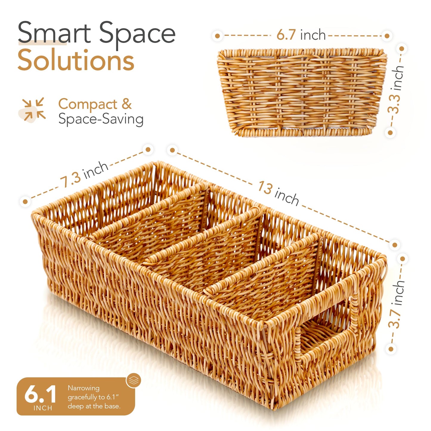 Nature-Inspired Rattan Pantry Organizer Baskets Set of 2 with 3 Removable Dividers – Handwoven Storage Bins for Kitchen or Bathroom Organization, Ideal for Snacks, Coffee & Tea (13” x 7.3” x 3.7”)