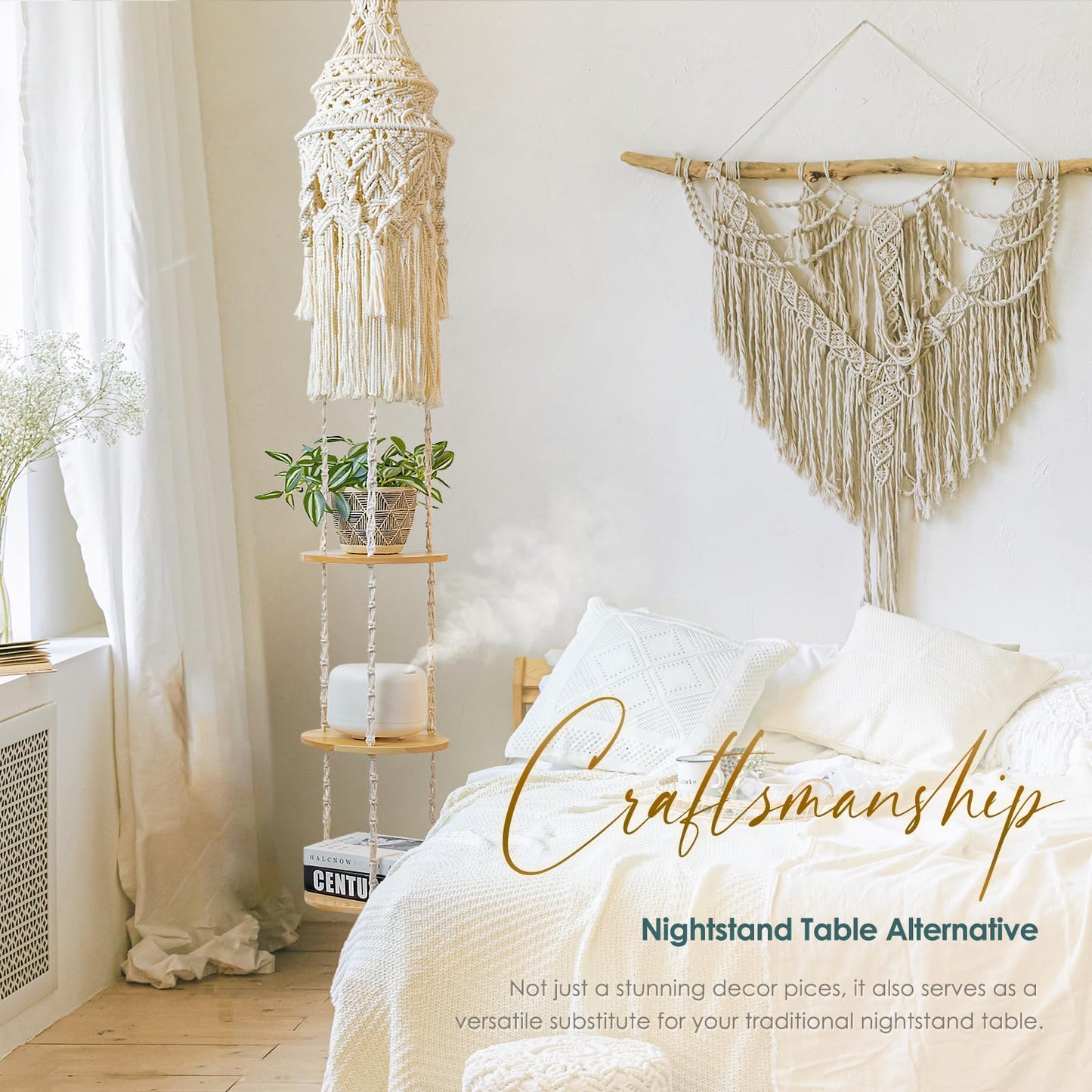 ANROYE 3-Tier Cotton Macrame Hanging Light Fixture Shelf, Boho Corner Pendant Lamp Shade Shelves, Farmhouse Ceiling Plant Hanger Indoor Decor for Women Bedroom Christmas Gift