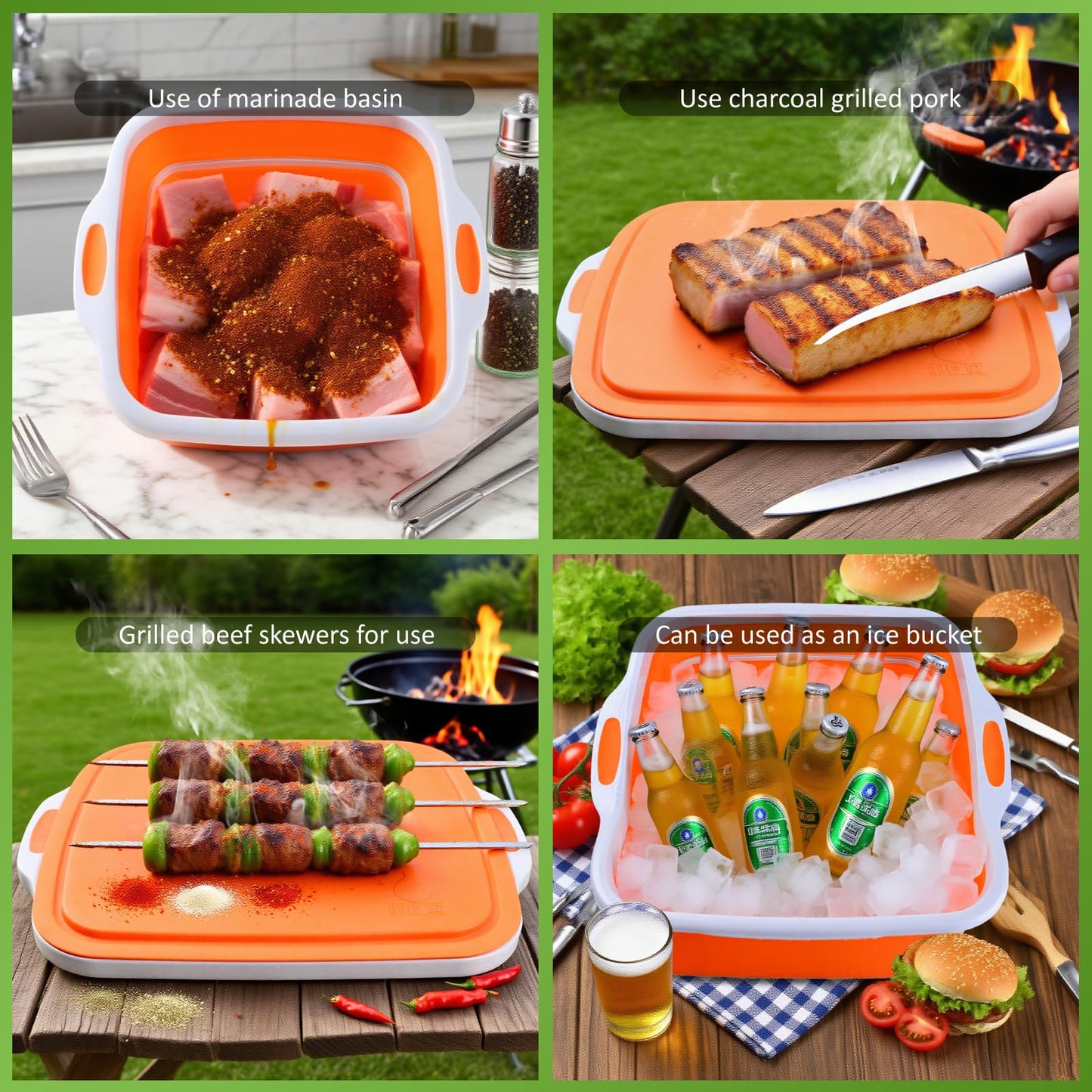 Collapsible BBQ Prep Tub with Lid & Cutting Board 8L - Meat Marinating Basin & Grill Carry System - 5pc Set with Heat Resistant Gloves, Basting Brush & Spatula(Orange, Large, 8L)