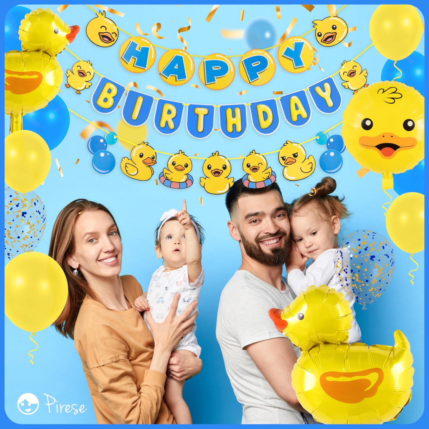 Pirese Rubber Duck Birthday Decorations Kit, Duck Birthday Banner with Balloons, Pre-Strung Duck Party Decorations for Kids, One Lucky Duck Theme