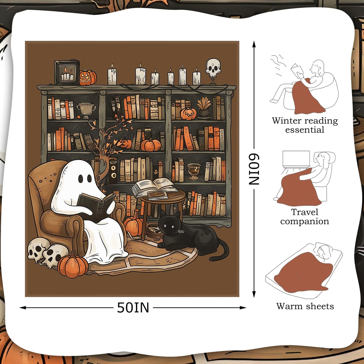 SmoothNovelty Book Lovers Gifts Throw Blanket 60 x 50 Inch Reader Blankets Book Club Horror Gifts Basket Stuffers for Women Bookworm Bookish Librarian Reading Basket(Ghost)