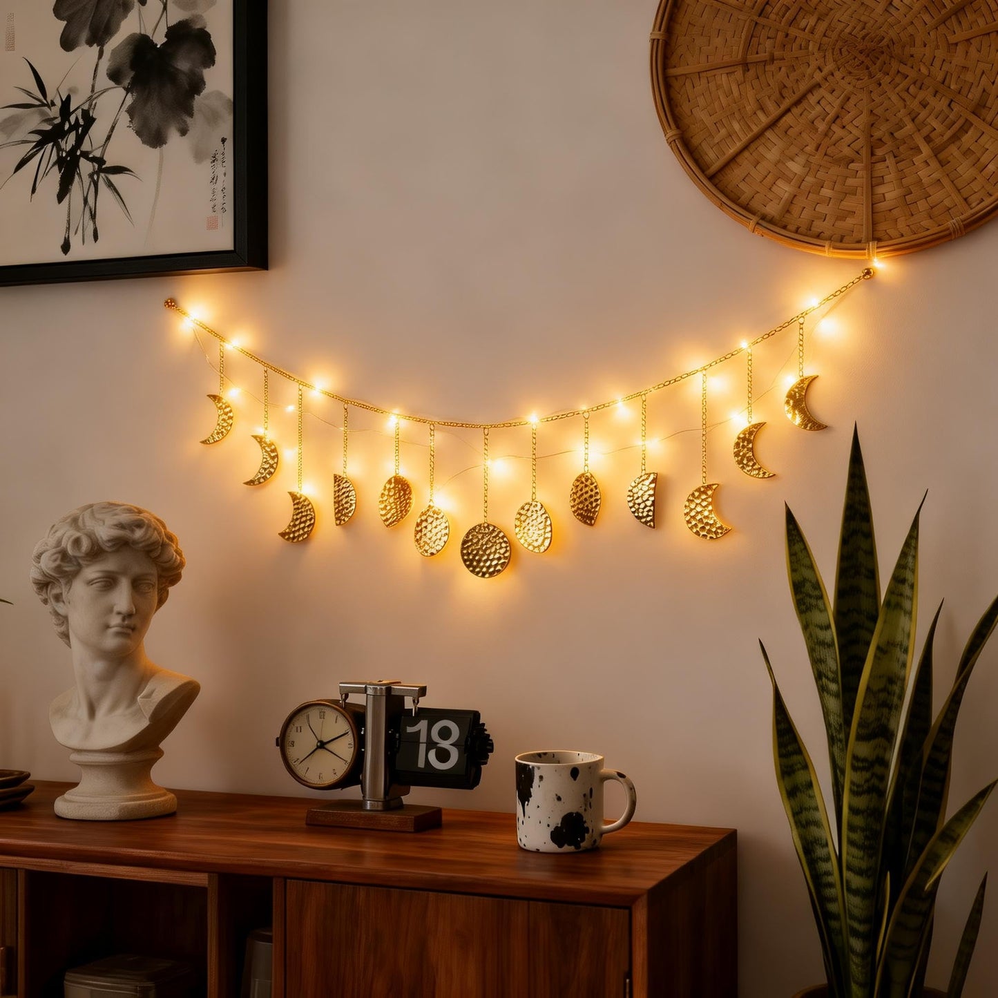 Opulinea Boho Moon Phase Wall Hanging, Gold Hammered Metal LED Celestial Garland for Bedroom Witchy Home Christmas Decor