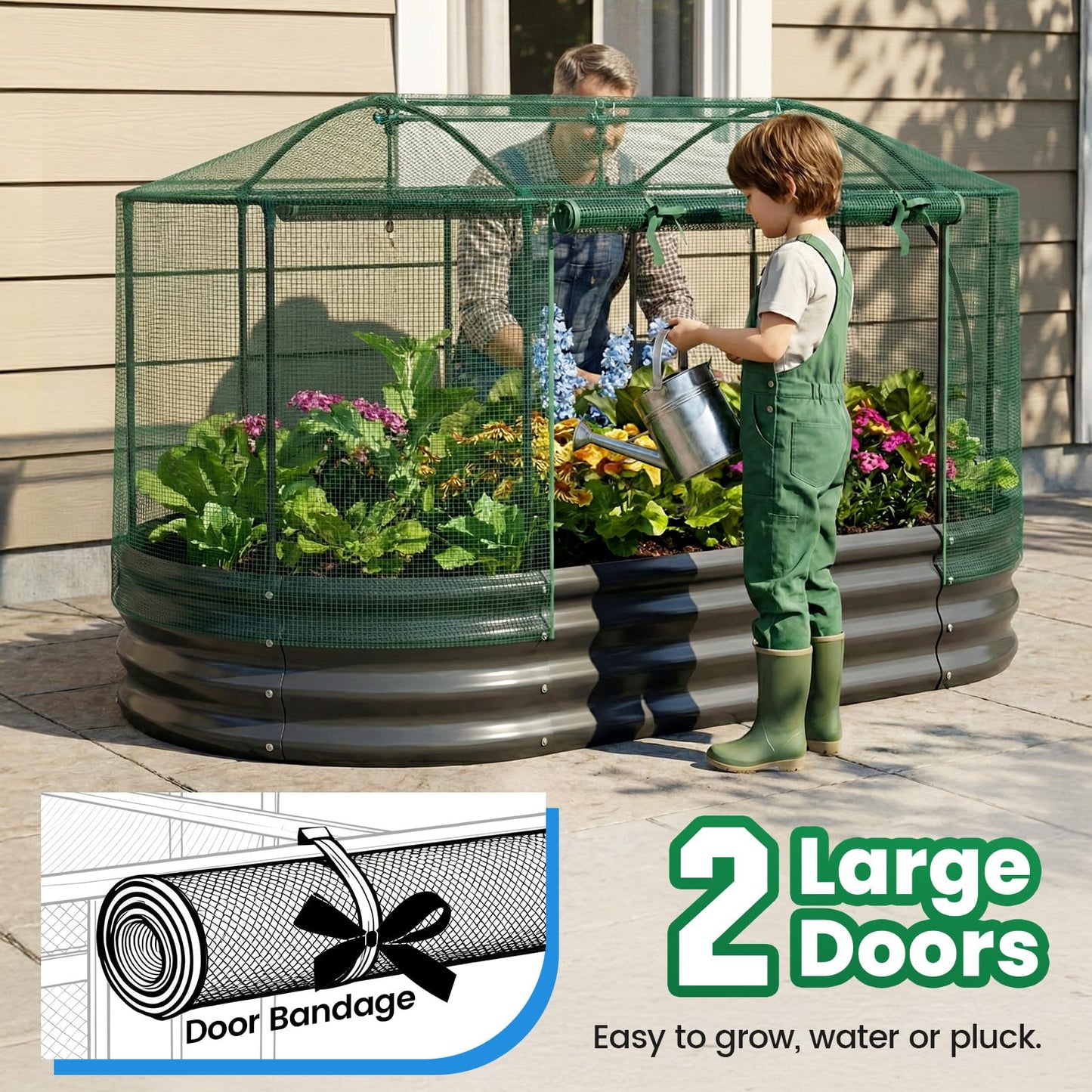 Quictent Galvanized Raised Garden Bed Kit with Self Watering System and Mesh Cover, Large Oval Metal Outdoor Planter Garden Boxes for Vegetables Herbs Flowers, 6x3x1Ft