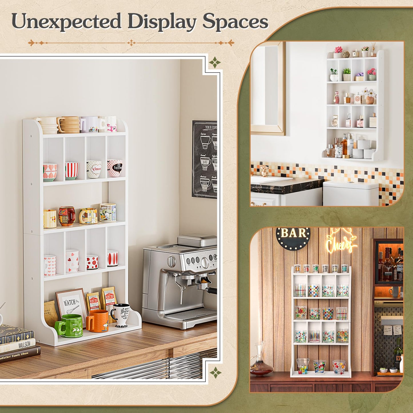Keebofly Perfume Organizer Wall Mount & Large Cologne Display Case - Wooden Multi-Tier Trinket Shelf for Fragrances, Collectibles, Figures, Miniatures, Cosmetics and Shot Glasses, White