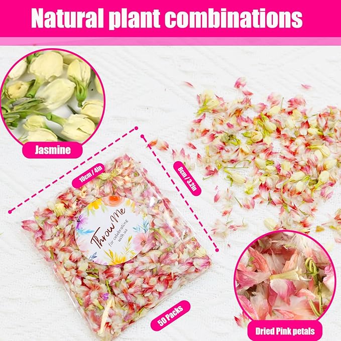 50 Pack Biodegradable Real Flower Petals Confetti, Natural Wedding Confetti Decor with Jasmine & Pink Dried Flower Petals, The Send Off Ideas, Flower Girls Basket, Party Romantic Gifts