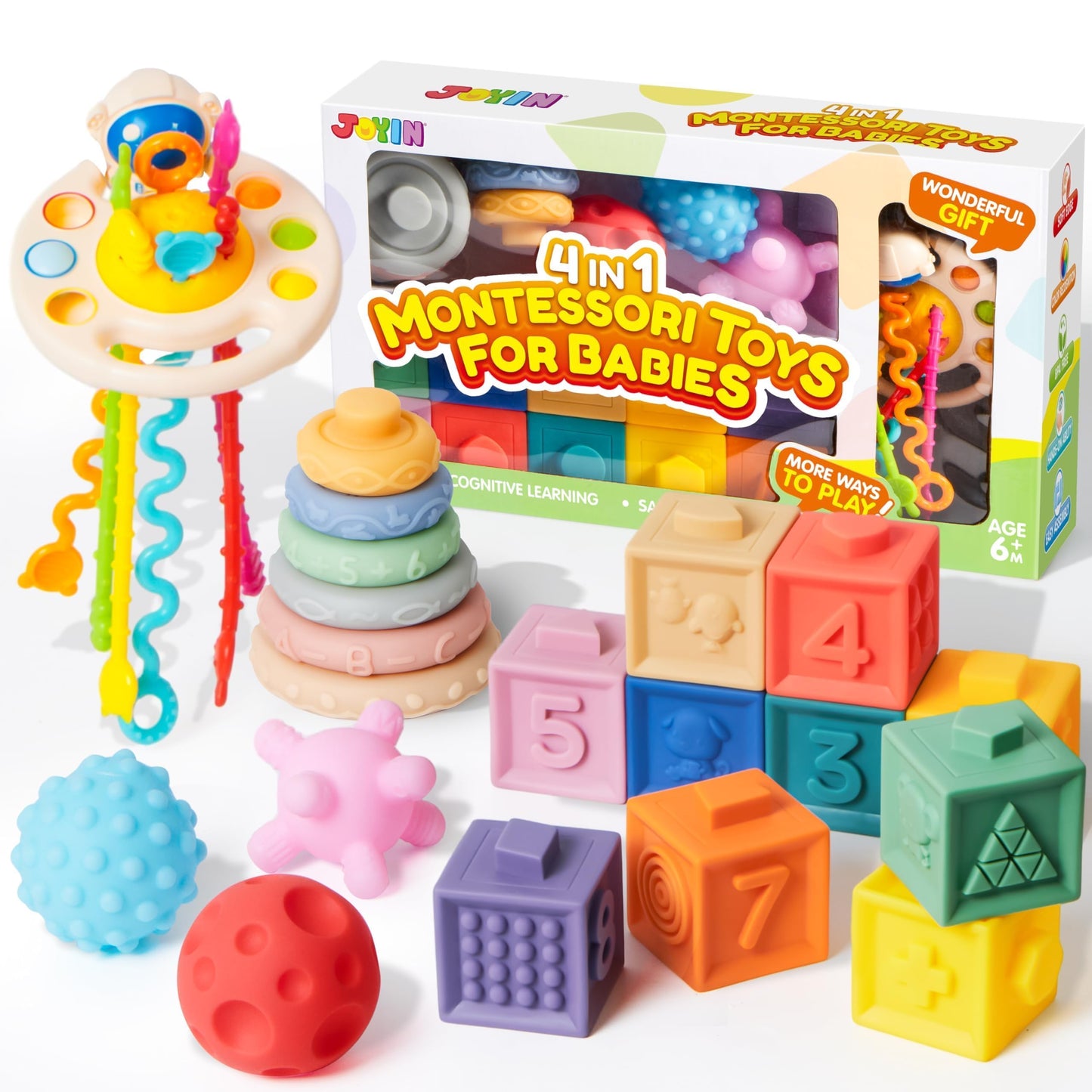 JOYIN Baby Toys - Montessori Toys for Babies, Food-Grade Sensory Present Infant Stacking Circles Teether, Blocks, 3D Stress Balls, Pull String, Learning Gifts for Baby Girls Boys