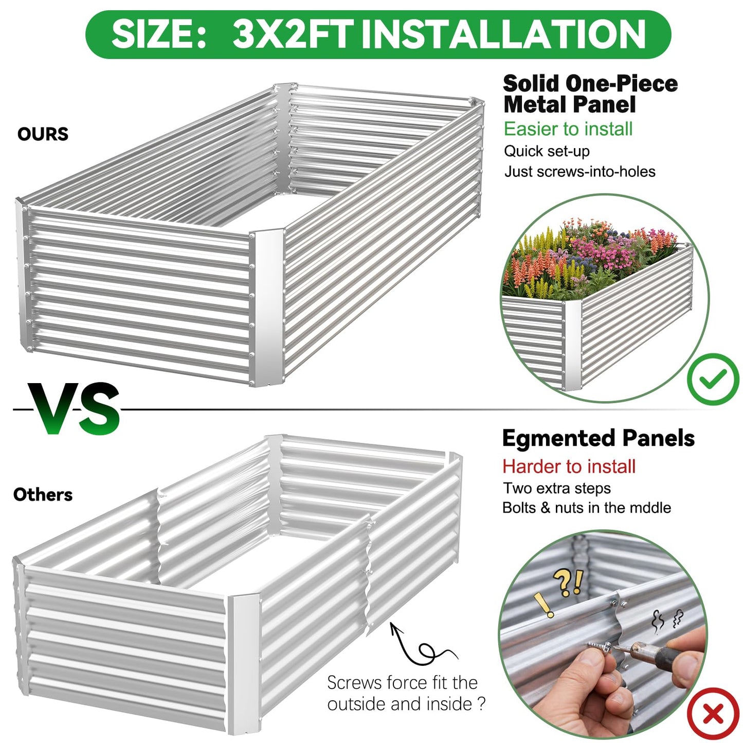CATMANOR 2 Pack Tall Corrugated Galvanized Steel Raised Garden Bed Outdoor, Metal Above Ground Garden Bed for Vegetables and Flowers, Rectangle Raised Beds for Gardening-3x2FT