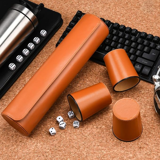 Leather Dice Cup Set, 5 Black Dice Cups + 25 Dices + Exclusive Storage and Transport Case Made of Faux Leather (Orange)