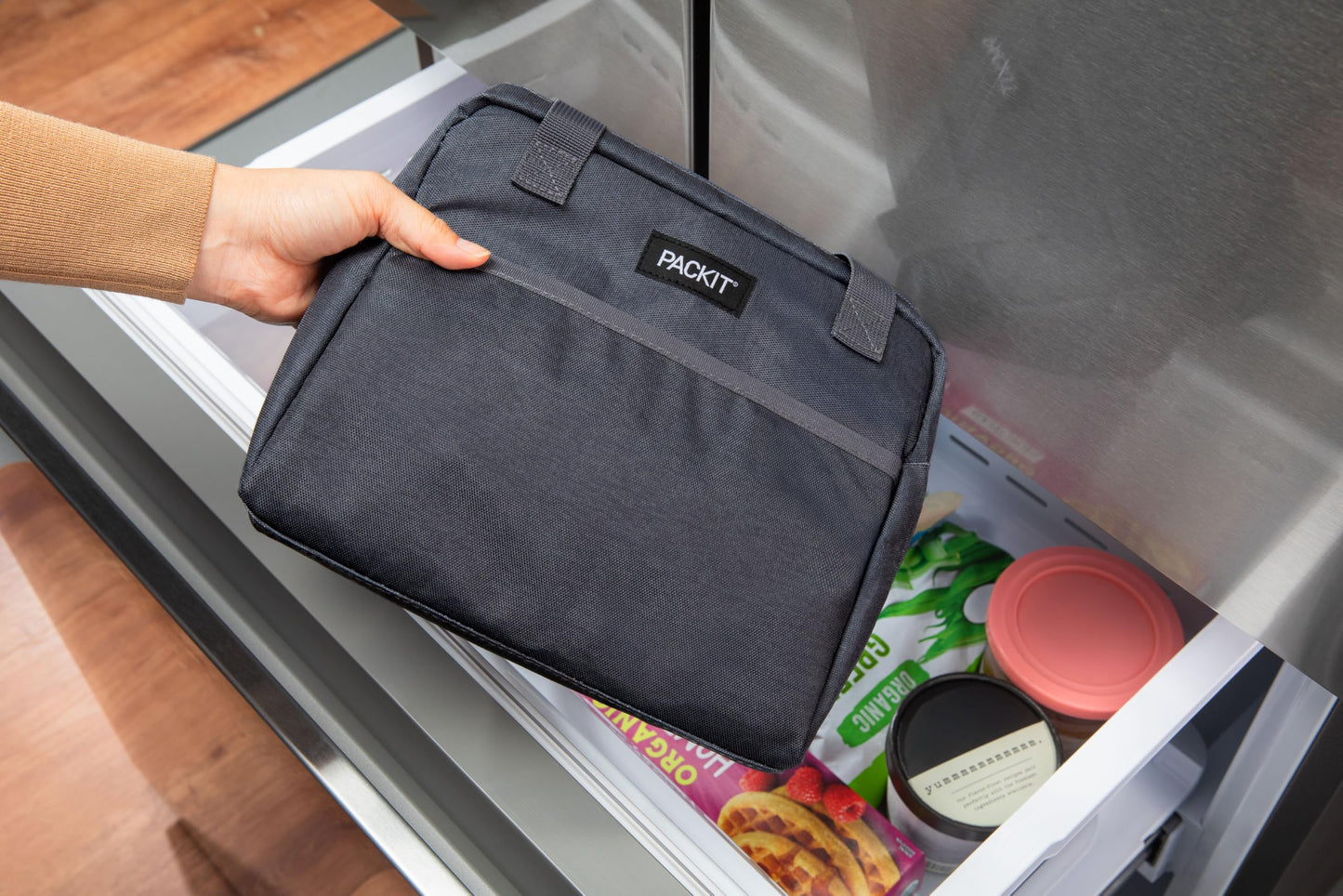 PackIt(R) Freezable Hampton Lunch Bag, City Charcoal, Built with EcoFreeze(R) Technology, Collapsible, Reusable, Zip Closure with Front Pocket and Shoulder Straps, Designed for Fresh Office Lunches