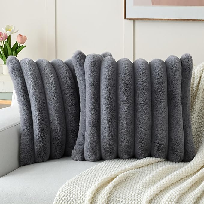 FUTEI Grey Decorative Throw Pillow Covers 18x18 Inch Set of 2, Square Soft Faux Rabbit Fur Thick Striped Cushion Cover,Winter Home Decor for Couch Bed Living Room