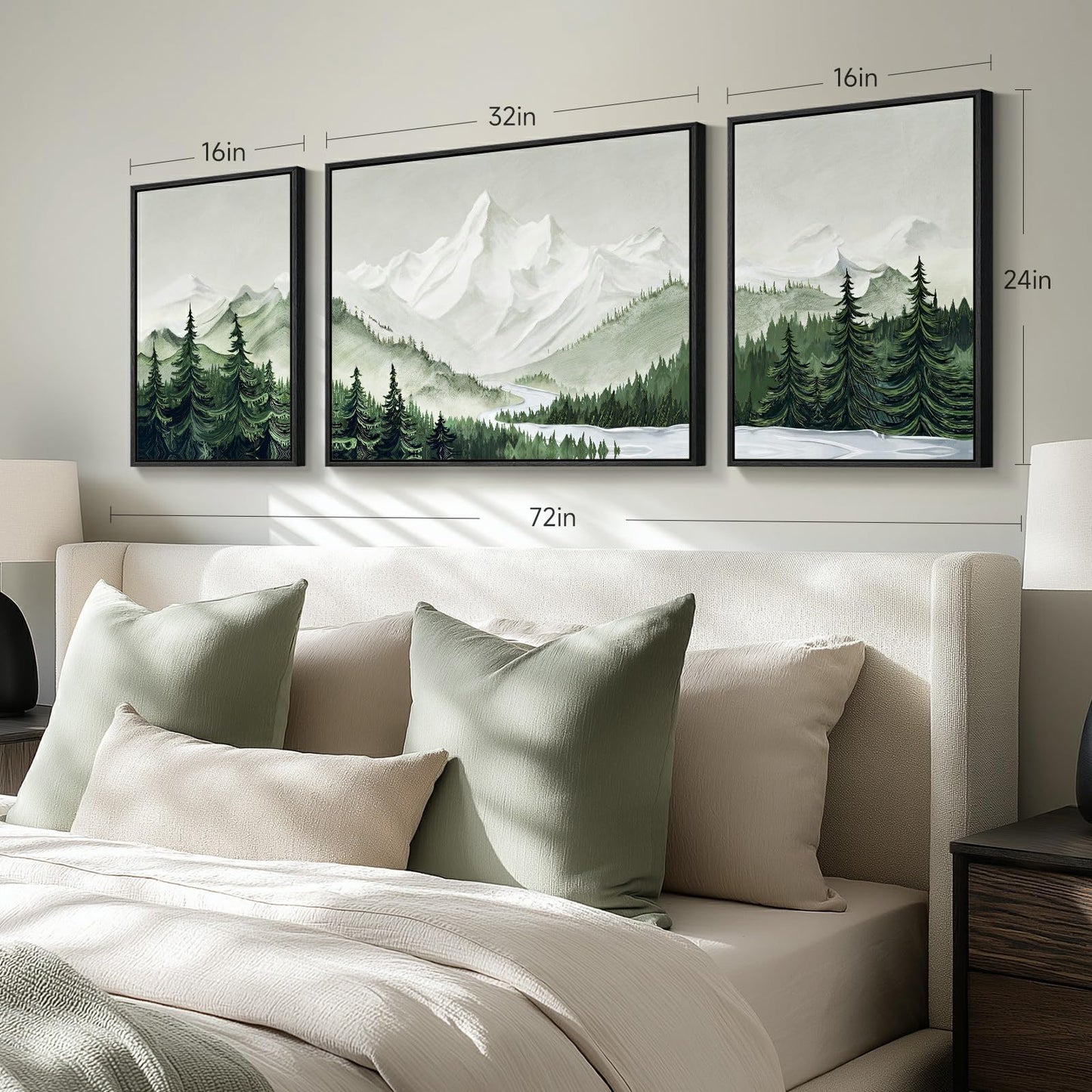 Framed Green Mountain Wall Art for Living Room, 3 Piece Forest Landscape Canvas Artworks, Large Modern Nature Scenery Painting Prints for Dining Room Hallway Home Office Wall Decor