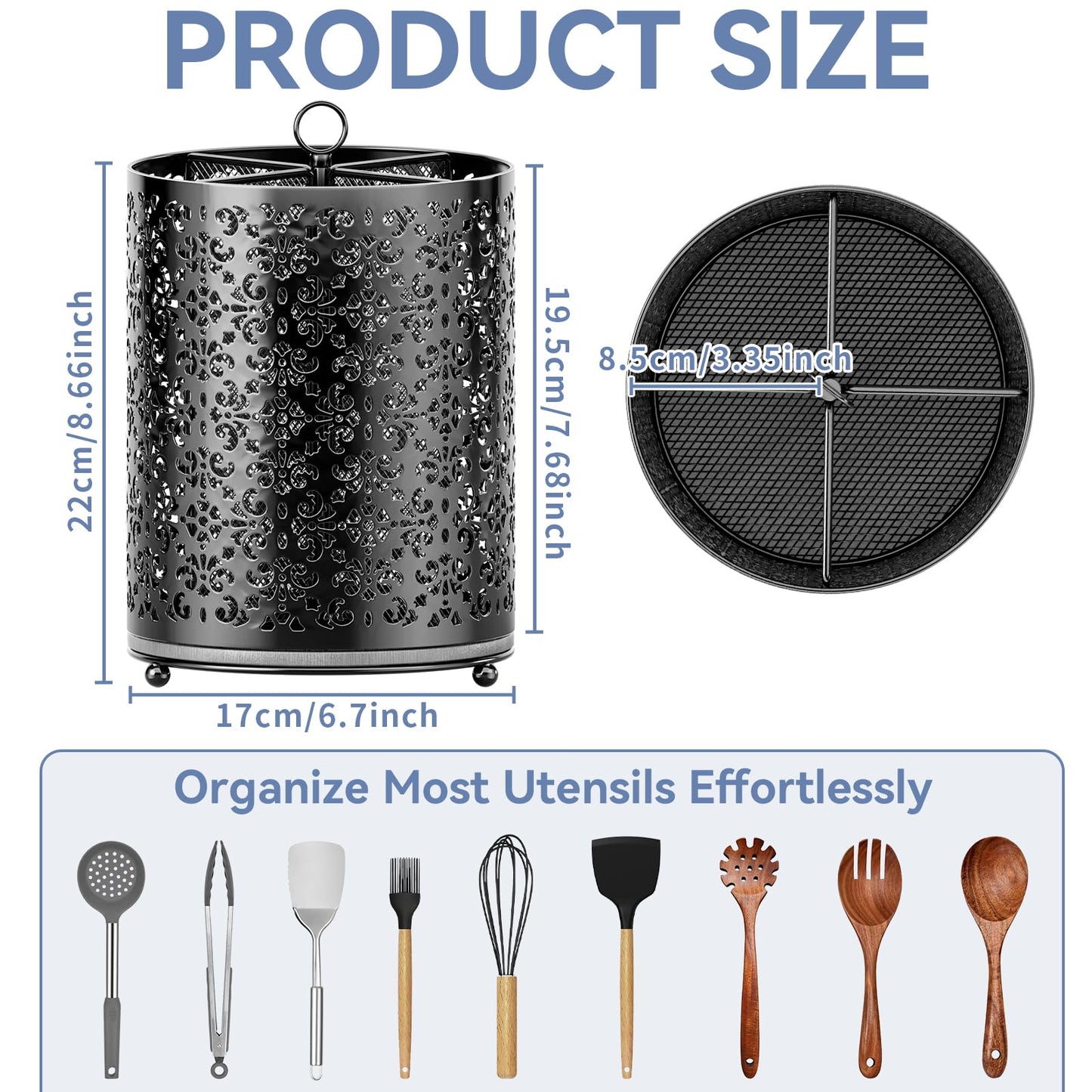 YIUKEA 360° Rotating Utensil Holder - Extra Large Cooking Utensils Caddy Counter Organizer with Instant-Dry and Removable Base for Kitchen Tools