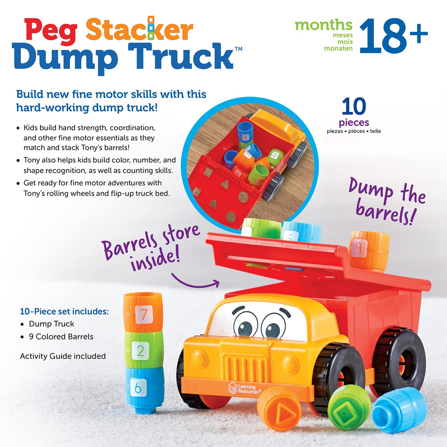 Learning Resources Tony the Peg Stacker Dump Truck - 10 Pieces, Ages 18+ Months Fine Motor Skills Toy for Toddlers, Preschool Toys
