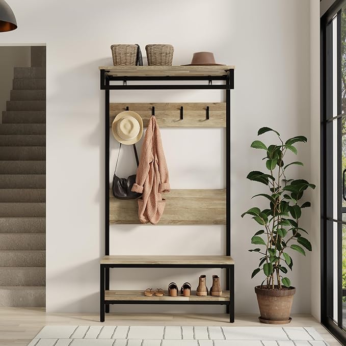 SIMPLIHOME Westmont Hall Tree Bench - 40 inch Wide Solid Mango Wood Entryway Seat in Natural, Industrial Bench for Entryway or Hallway with Metal Frame, Coat Hooks and Open Shelf