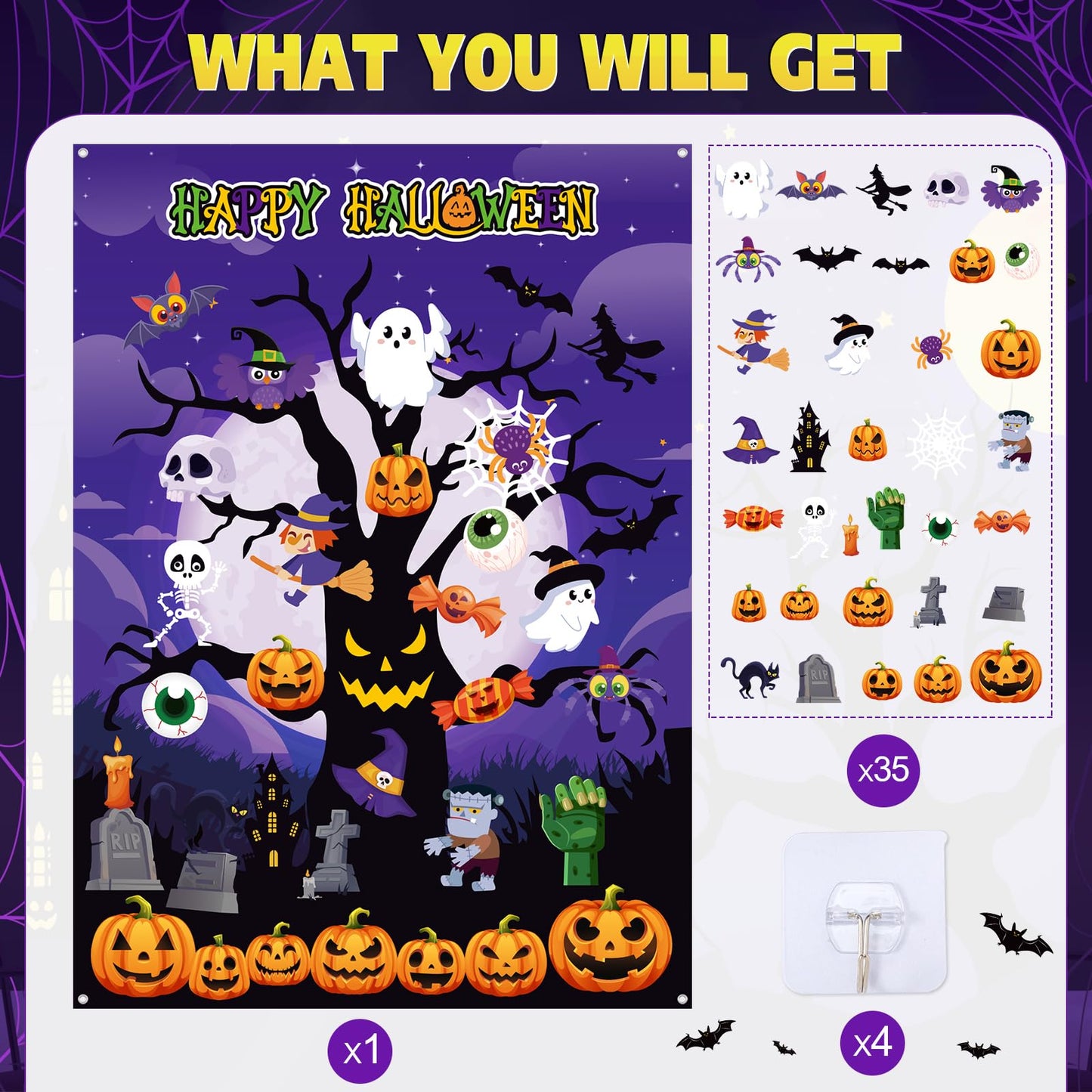 MiniInflat Halloween Felt Board 3.4FT 36 Pcs Happy Halloween Felt Story Board Dead Tree DIY Craft Project Scary Pumpkin Ghost Hanging Ornament Decor Storytelling for Trick or Treat Gift (36, Tree)