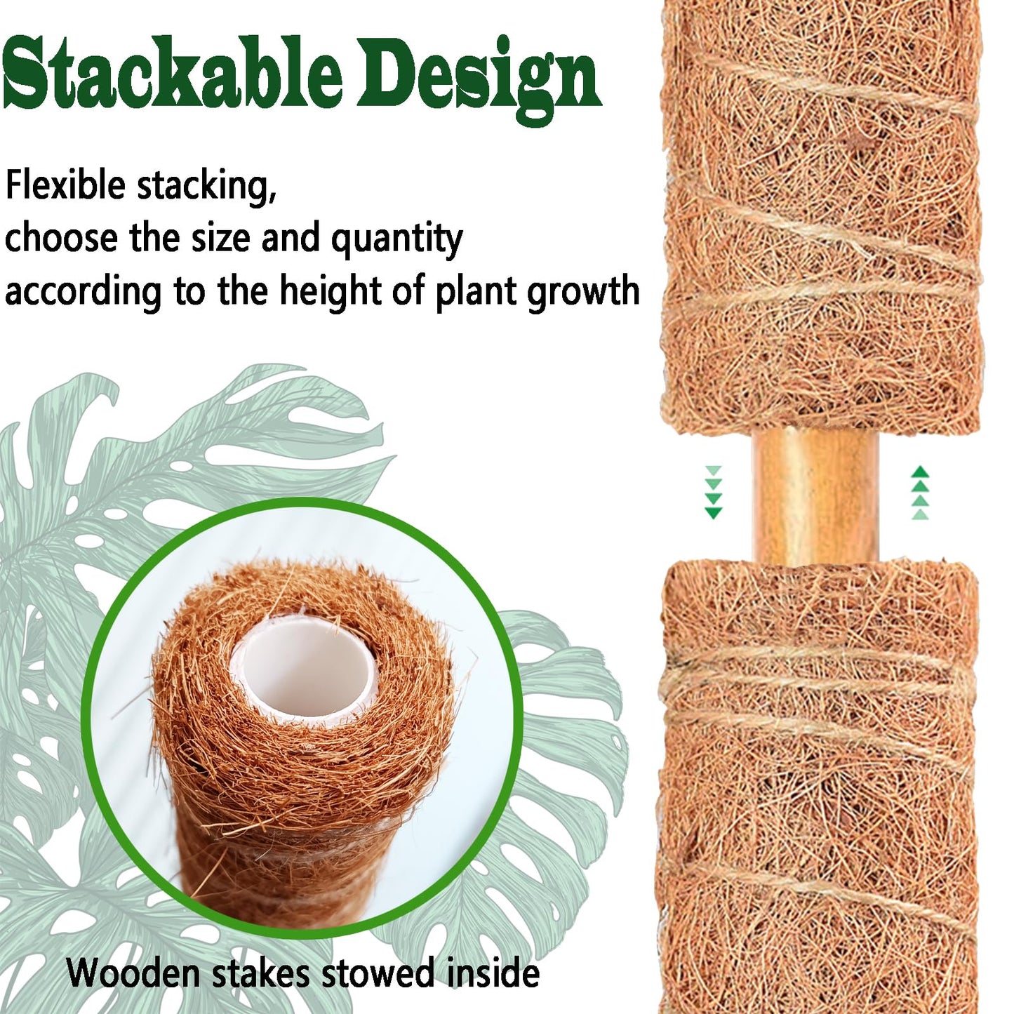 4 Pack 18 Inch Moss Pole, Stackable Moss Poles for Climbing Plants Monstera, Tall Plant Sticks Accessories, Large Coir Plant Support Stakes for Potted Plants Indoor, Pothos, Philodendron