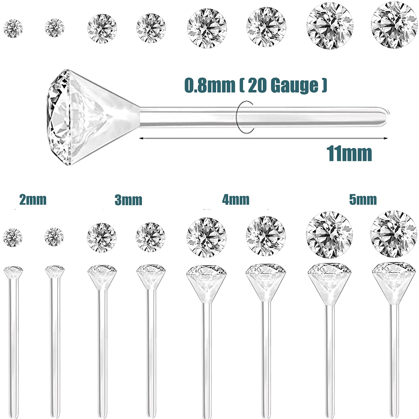Anti Allergy Hypoallergenic Plastic Stud Earrings Set, 8 Pairs with Silicone Backs, 2-5mm Cubic Zirconia for Sensitive Ears (Clear)