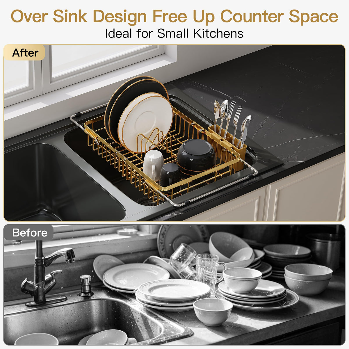 Gold Dish Drying Rack Over the Sink with Utensil Holder