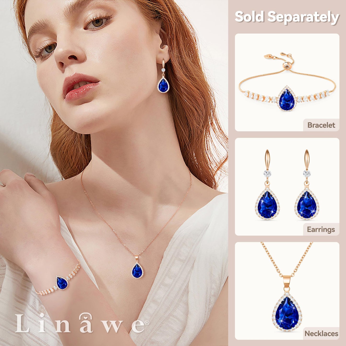 Linawe Rose Gold Sapphire Crystal Navy Blue Imitation Diamond Pendant Necklace for Women Trendy, Cubic Zirconia Moonstone Moissanite Boho Wedding Bride Jewelry Set
