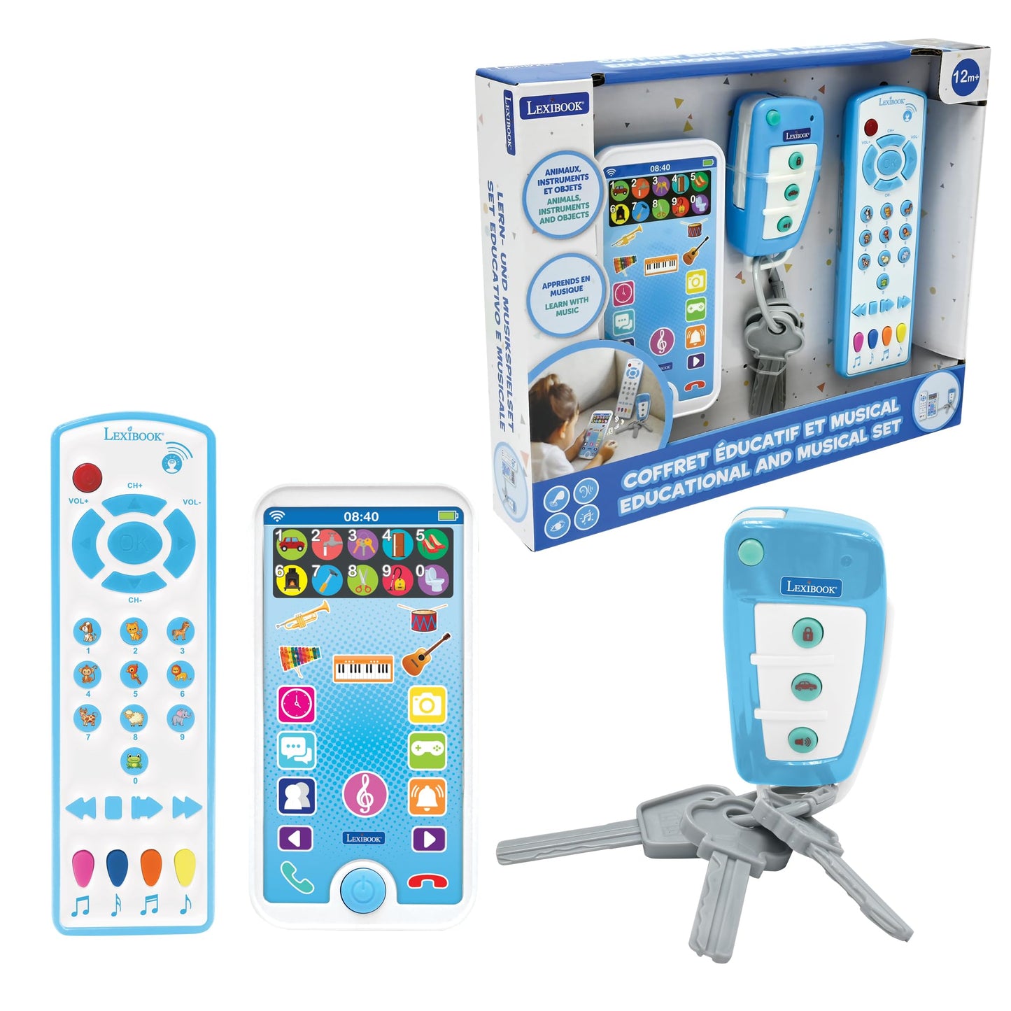 LEXiBOOK, Educational and Musical Set with Telephone, Remote Control and Key Ring, Imitation Game for Toddlers, Explore Animals, Musical Instruments and Everyday Objects, PS125