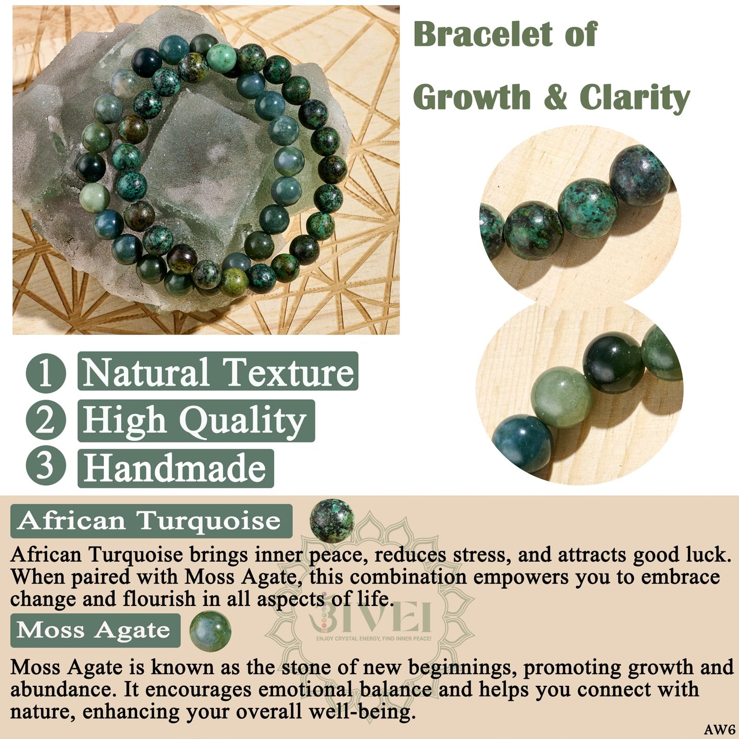 Bivei Natural Gemstone Semi Precious Crystals Handmade Stretchy Round Beads Bracelet, Enhance Positive Energy,Stocking Stuffers for Women(Moss Agate & African Turquoise(Peace & Prosperity) Medium)