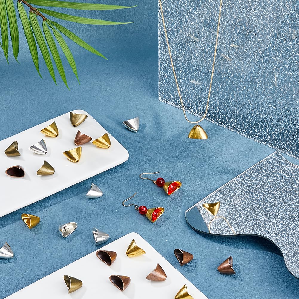 DICOSMETIC 40Pcs 4 Colors Triangle Apetalous End Caps Bead Cone Caps Tibetan Style Bead Cones Alloy Earring Cones stopper bead Terminators Supplies for Tassel Jewelry Making Craft