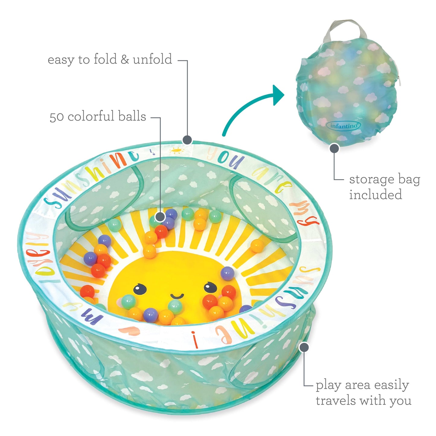 Infantino Pop-Up Ball Pit, 50 Colorful Balls, Easy Setup & Storage, 35" Spacious Play Area, Bright & Colorful Design, Includes Storage Bag